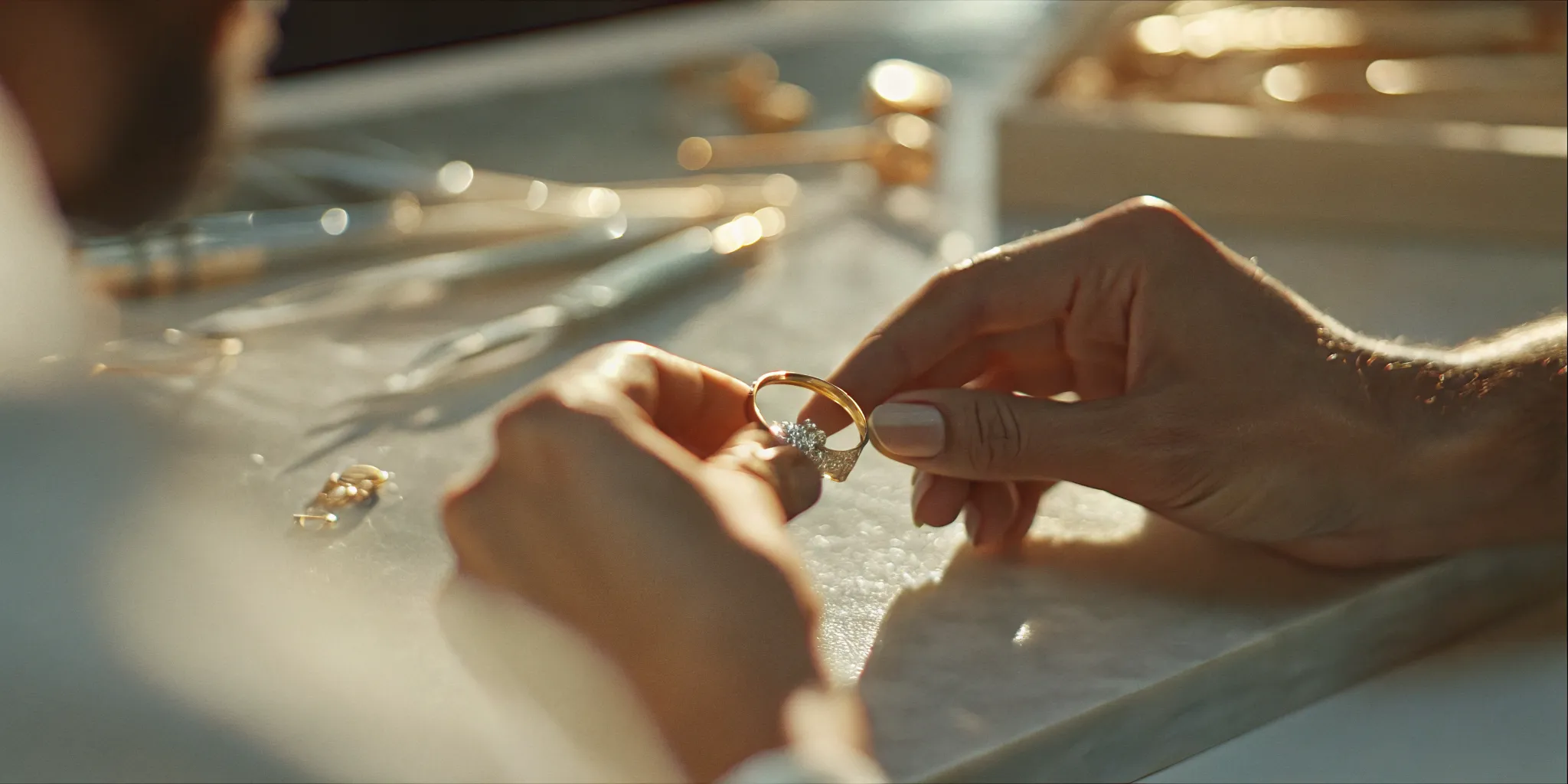 Designer and couple reviewing a custom sustainable engagement ring concept at LUCE in West Palm Beach