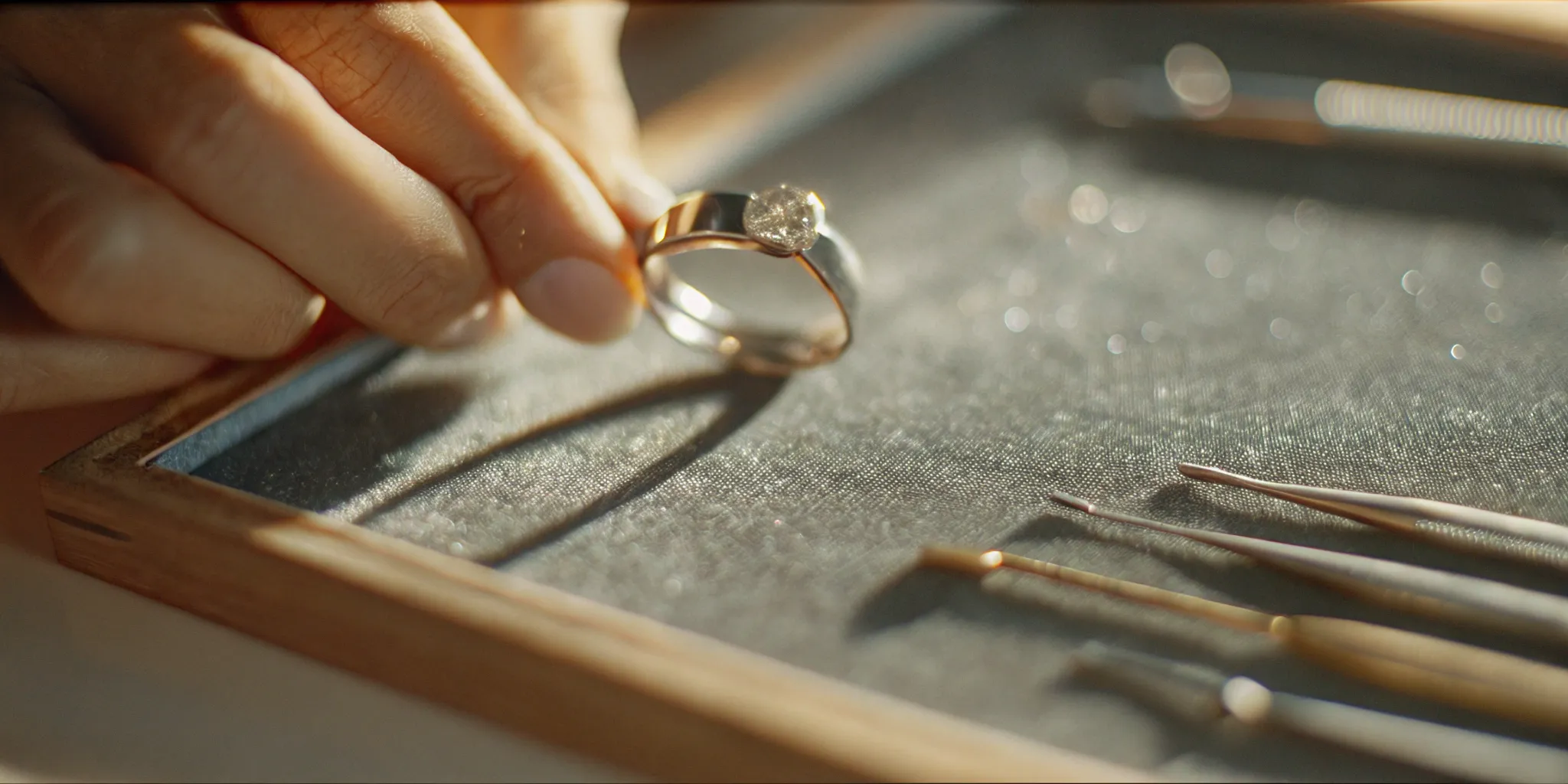 A jeweler carefully examining an antique diamond ring under a magnifying loupe with restoration tools on a felt workbench