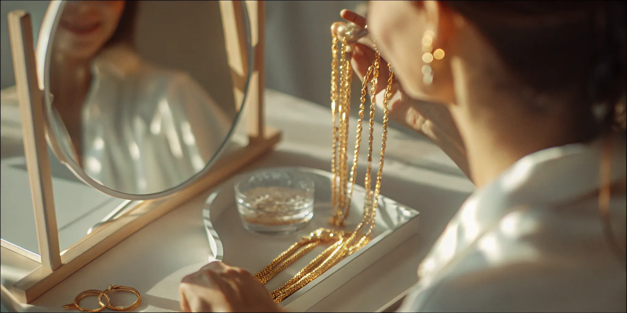 Confident woman choosing a gold necklace for herself in a fine jewelry boutique
