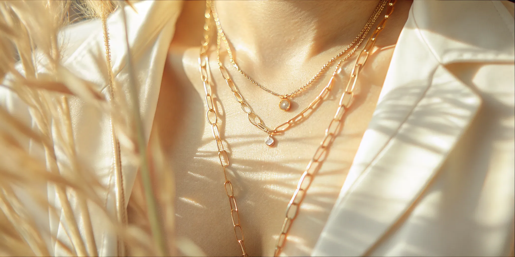 A elegant close-up of a woman styled with multiple layered gold necklaces resting at standard collarbone lengths