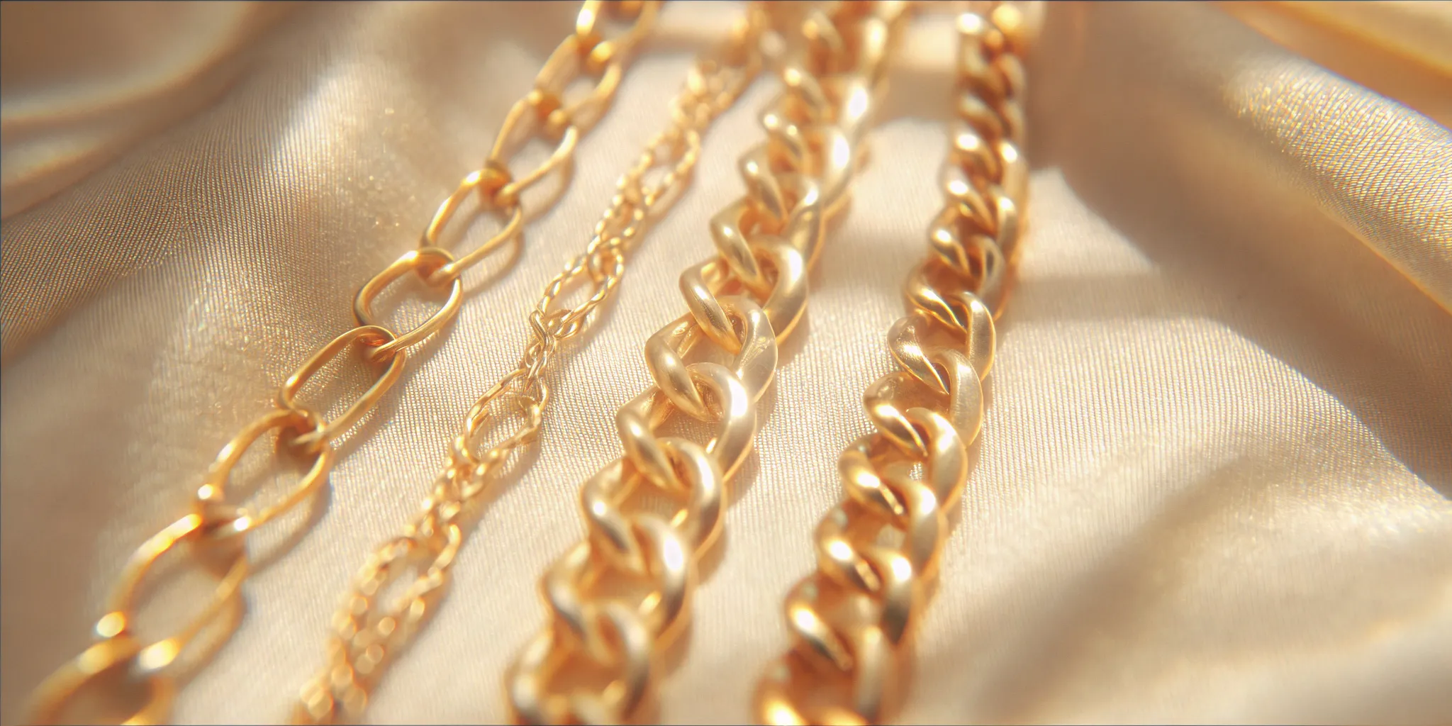 Three standard-length gold necklaces of different styles arranged neatly on a fine linen jewelry tray
