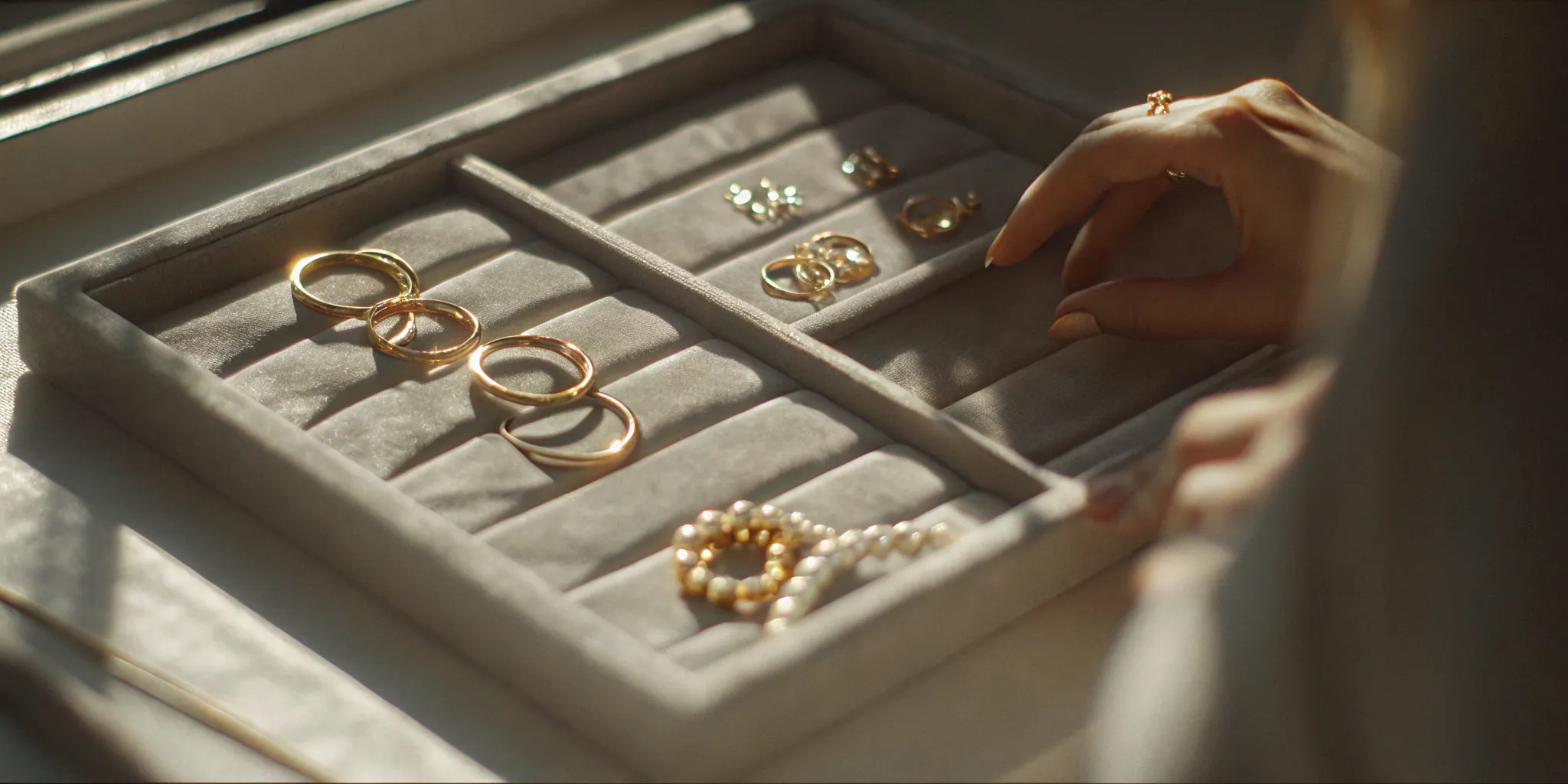Woman examining a gold ring and diamond earrings on a velvet tray in a fine jewelry atelier