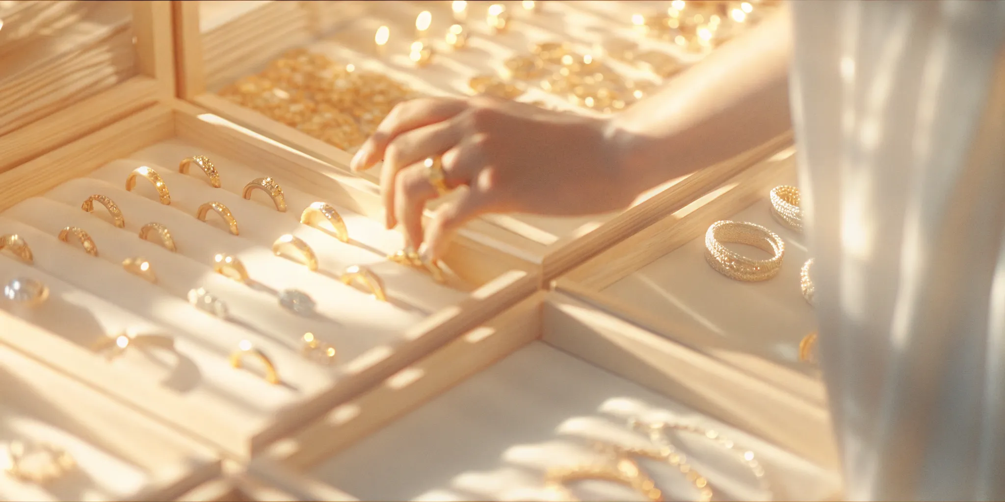 Woman choosing a refined gold ring as self purchase jewelry