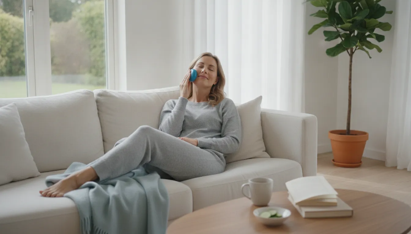 Woman following dermal filler aftercare at home with a cool compress