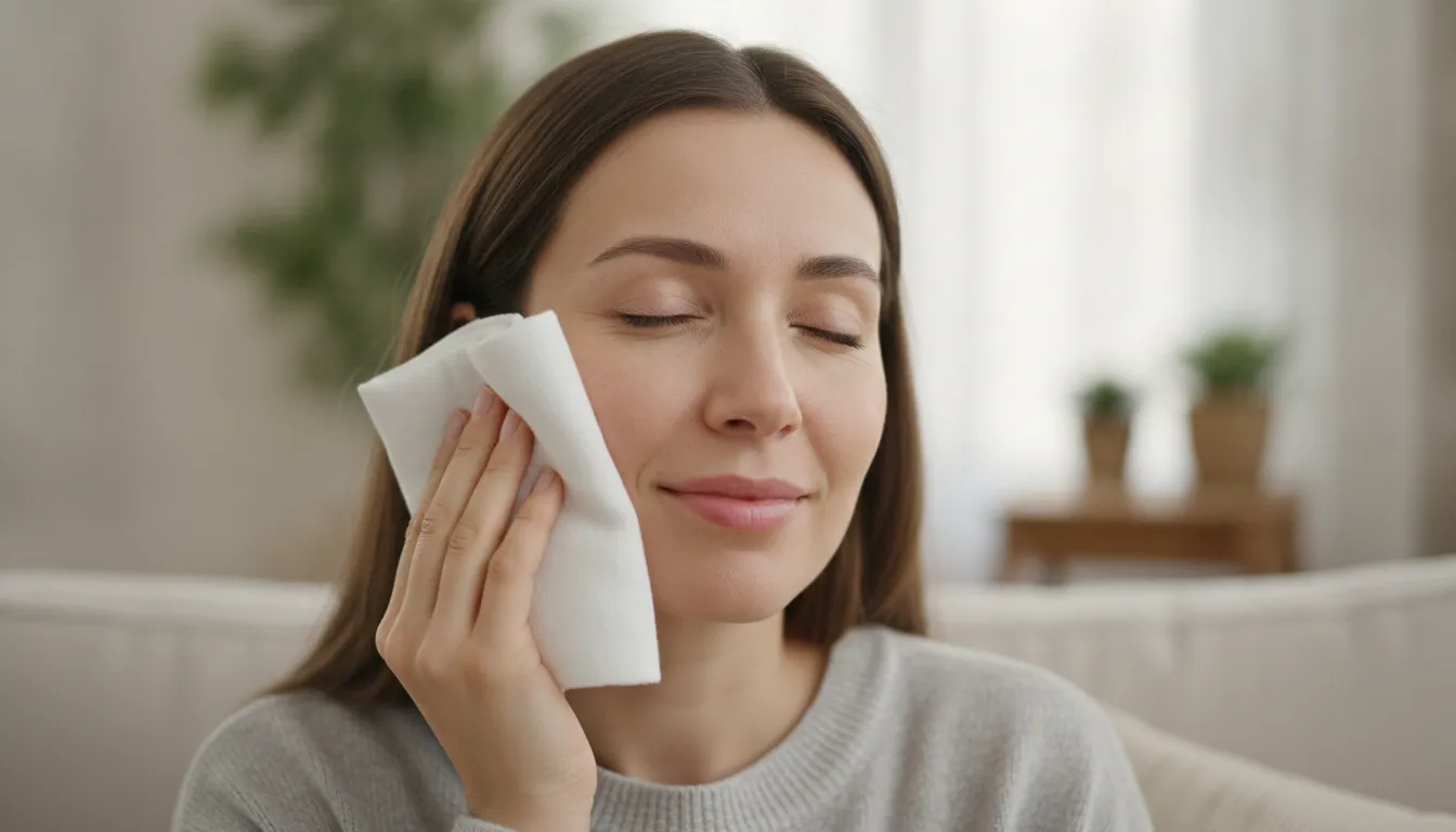 Woman using a wrapped cool compress during dermal filler recovery