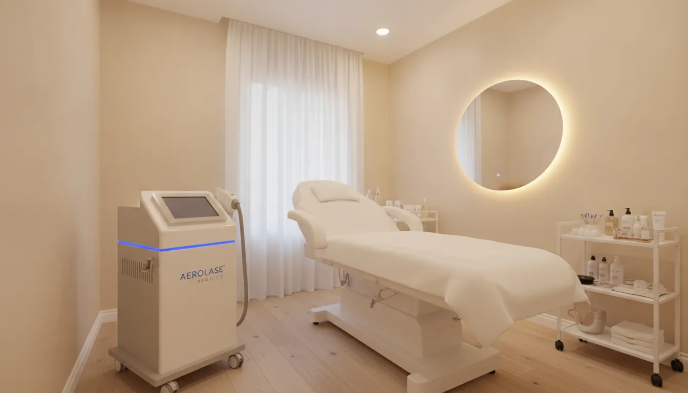 Aerolase Neo Elite laser device in a treatment room demonstrating modern medspa laser technology