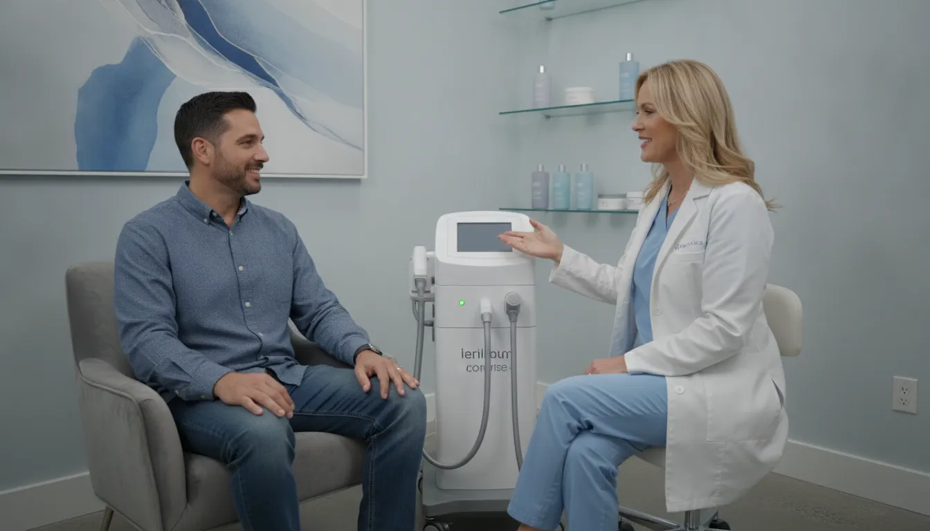 Man consulting with a medical provider about laser hair removal in a modern medspa