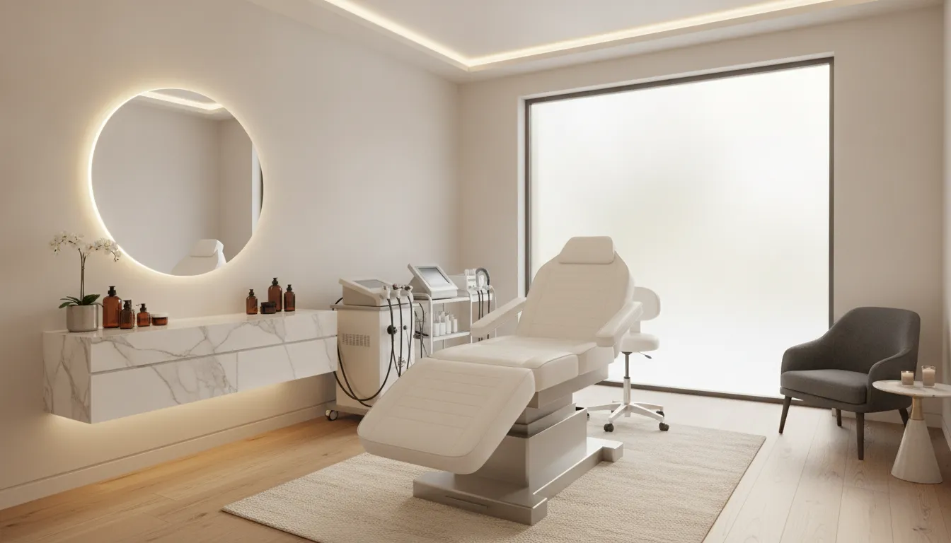 A quiet, high-tech aesthetic treatment room with a Venus Legacy platform ready for skin tightening at LightRx Medspa