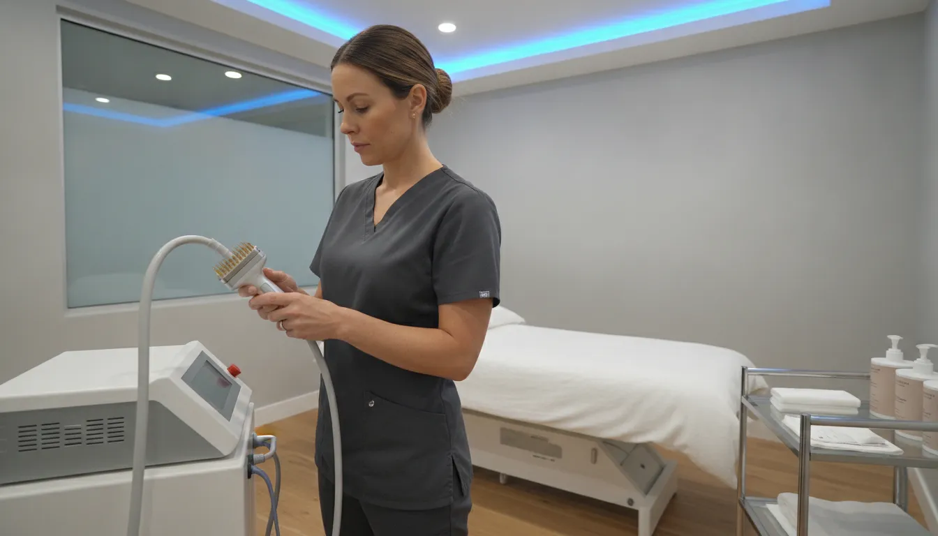 Clinician preparing Venus Viva fractional radiofrequency skin resurfacing equipment