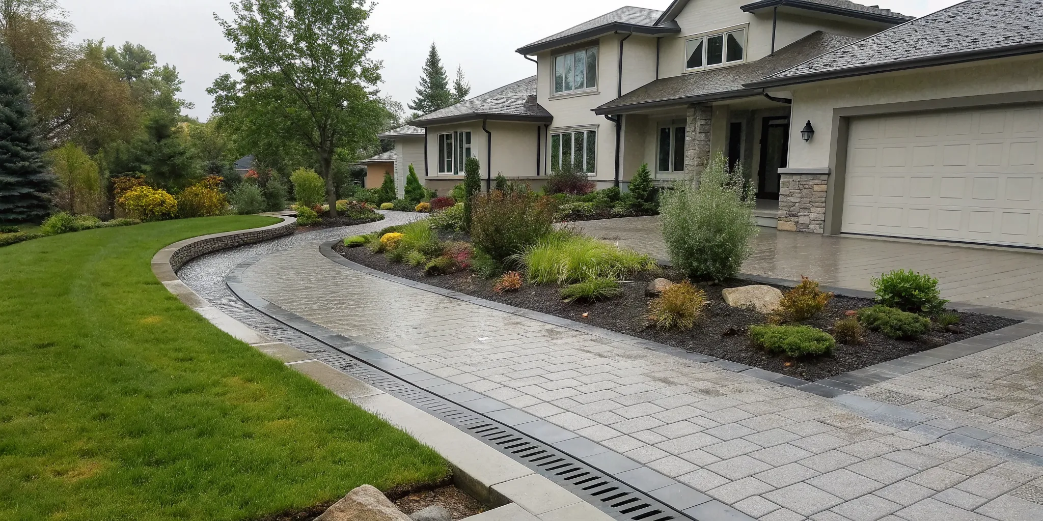 A channel drain provides an effective yard drainage solution in a modern, landscaped lawn.