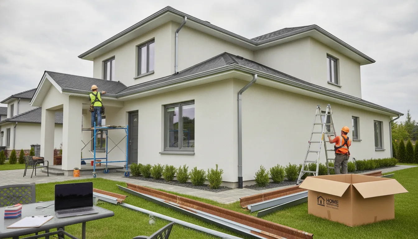 Workers installing new gutters, a key factor in the average cost to replace gutters.