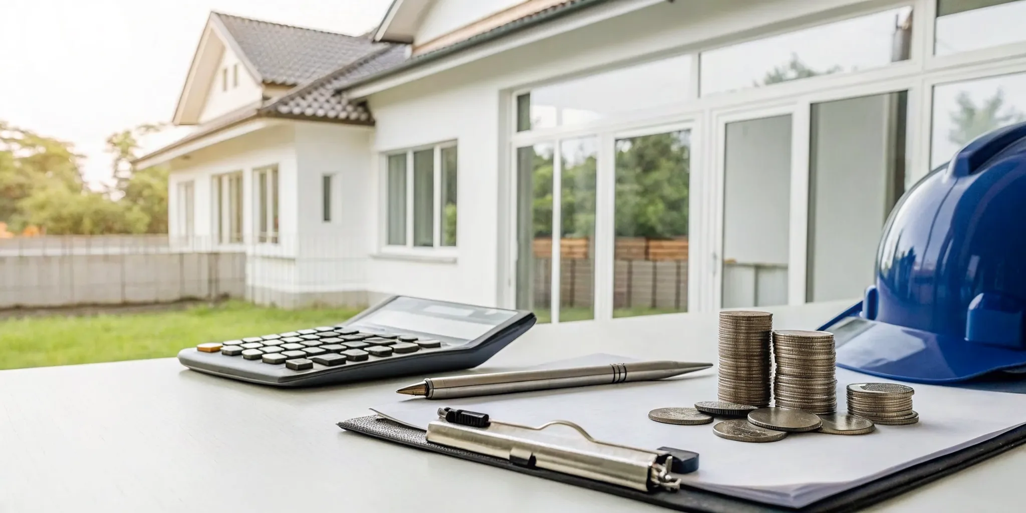 Calculating the average price for gutter cleaning with a hard hat, clipboard, and coins.
