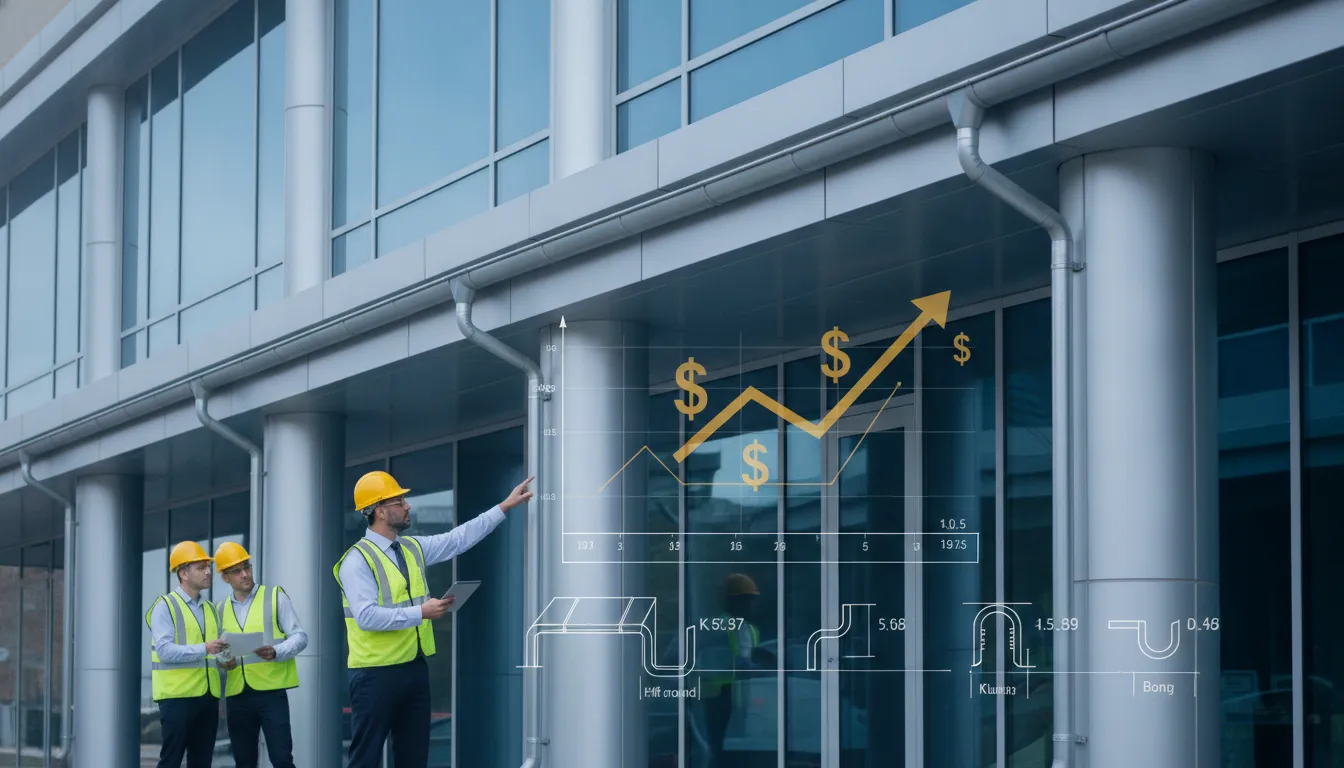 Engineers in safety vests review commercial gutters beside a pricing graph.