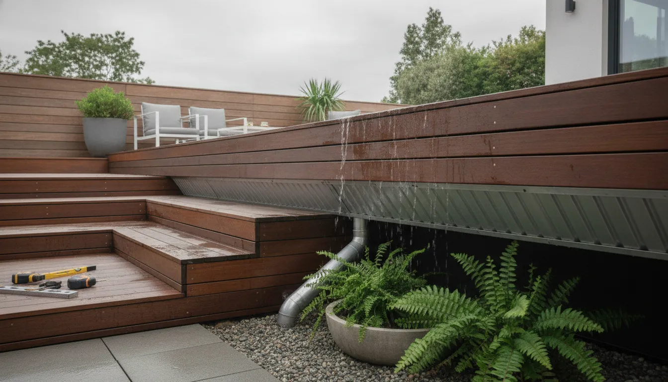 Deck drainage system beneath a wooden deck redirecting rainwater.