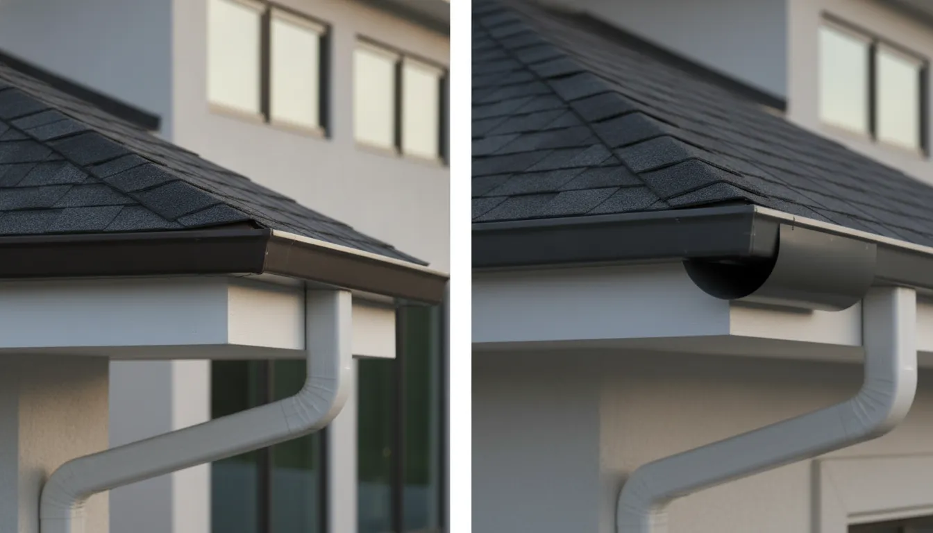 Difference between drip edge and gutter apron profiles and water paths at a roof edge.