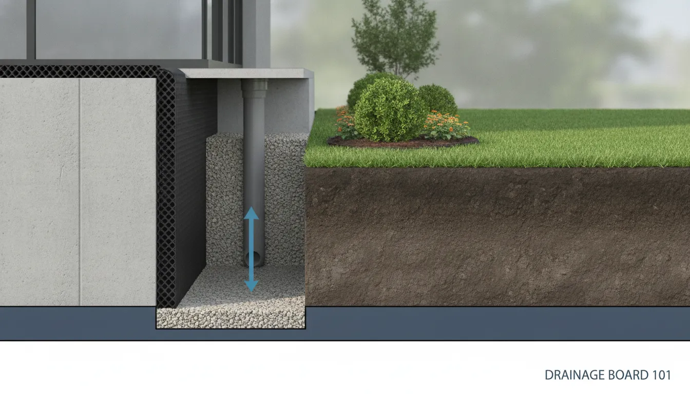 Foundation cross-section showing drainage board, gravel, footing drain, and soil for water management.