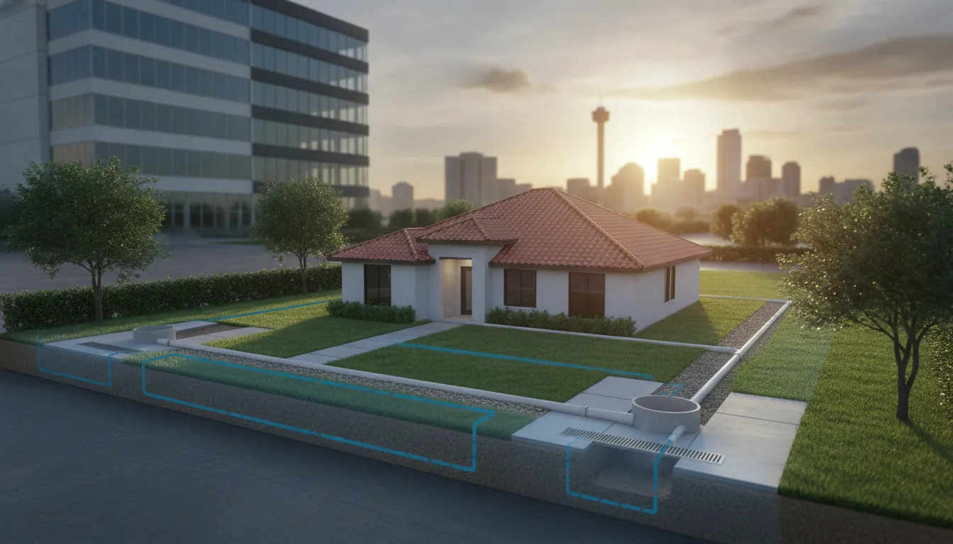 San Antonio home with drainage solutions and city skyline at sunrise.