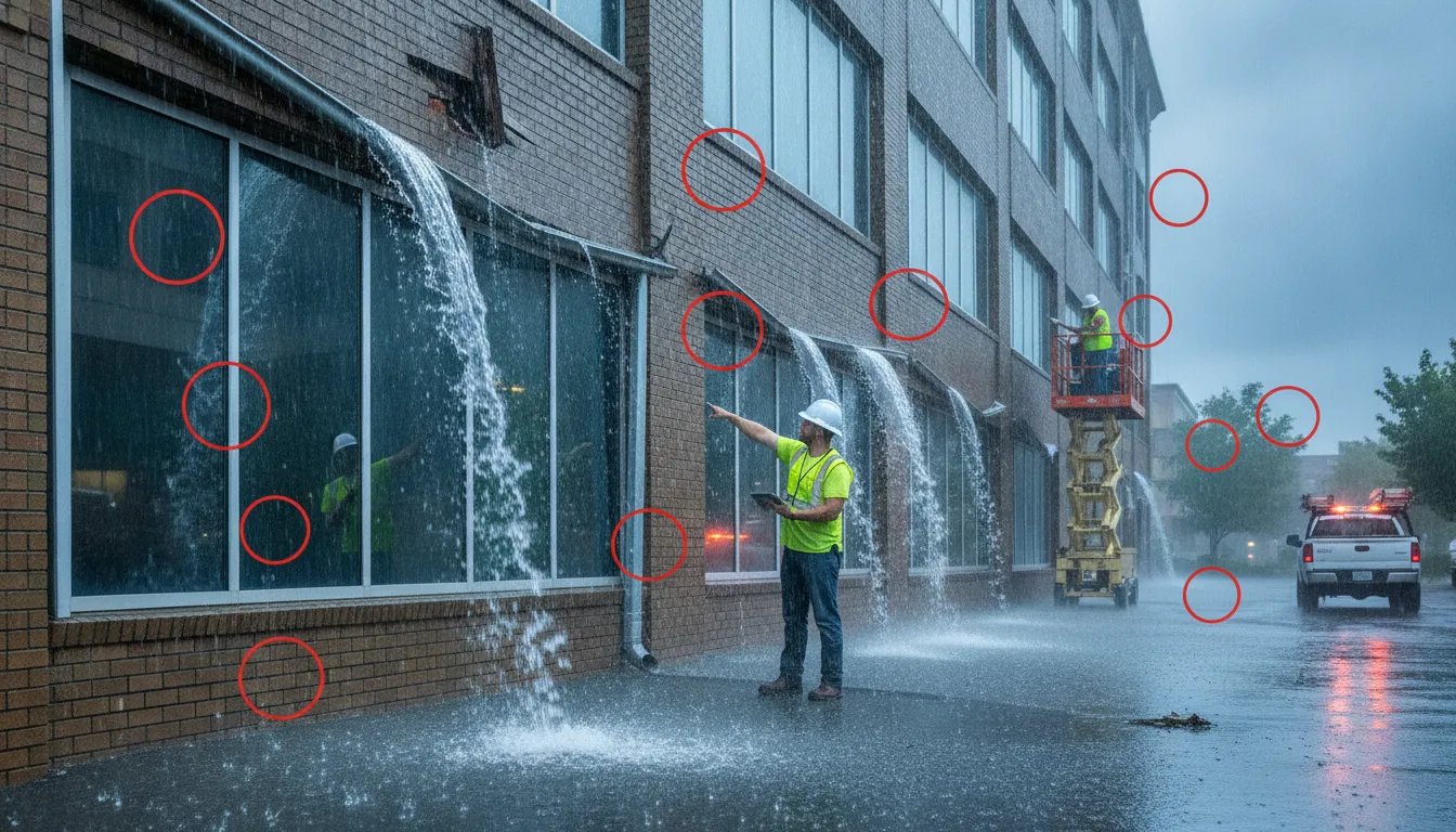Emergency commercial gutter repair with workers addressing heavy water overflow and leaks.