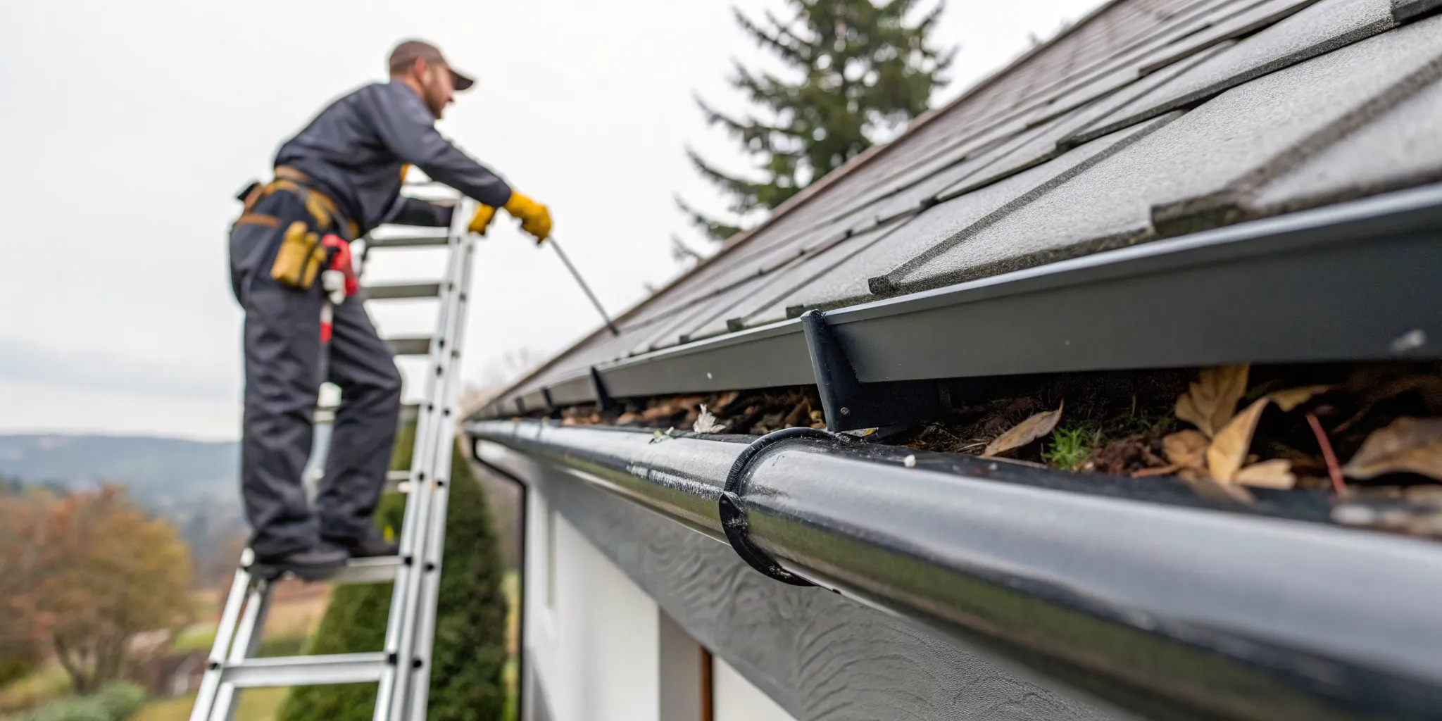 Professional cleaning gutters full of leaves, a factor in gutter cleaning cost per foot.