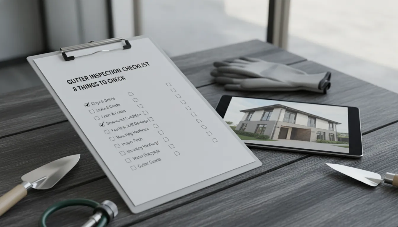 Gutter inspection checklist on a clipboard beside gloves, a tablet, and tools.