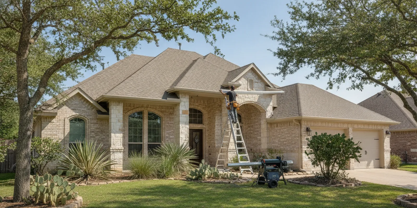 Seamless gutters being installed along the roofline of a Texas home