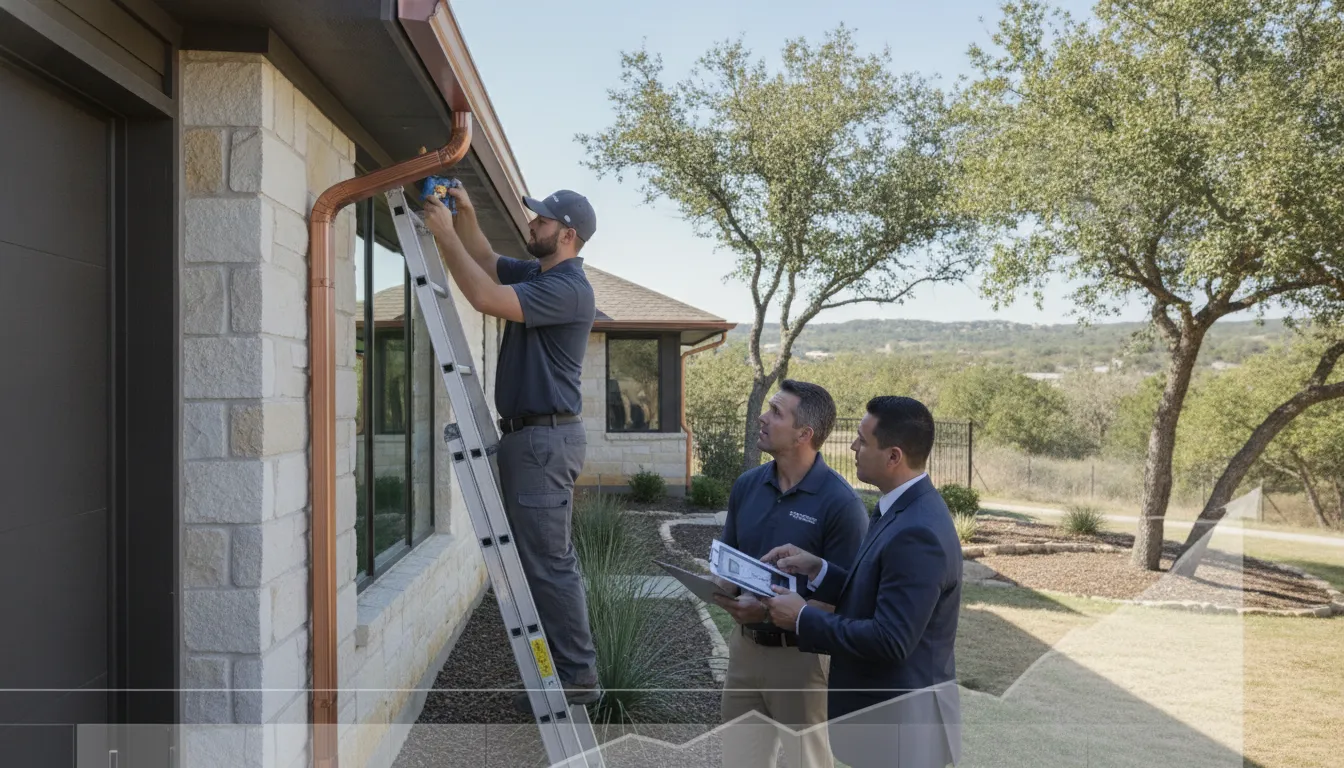 Technicians inspecting residential gutters before repair.
