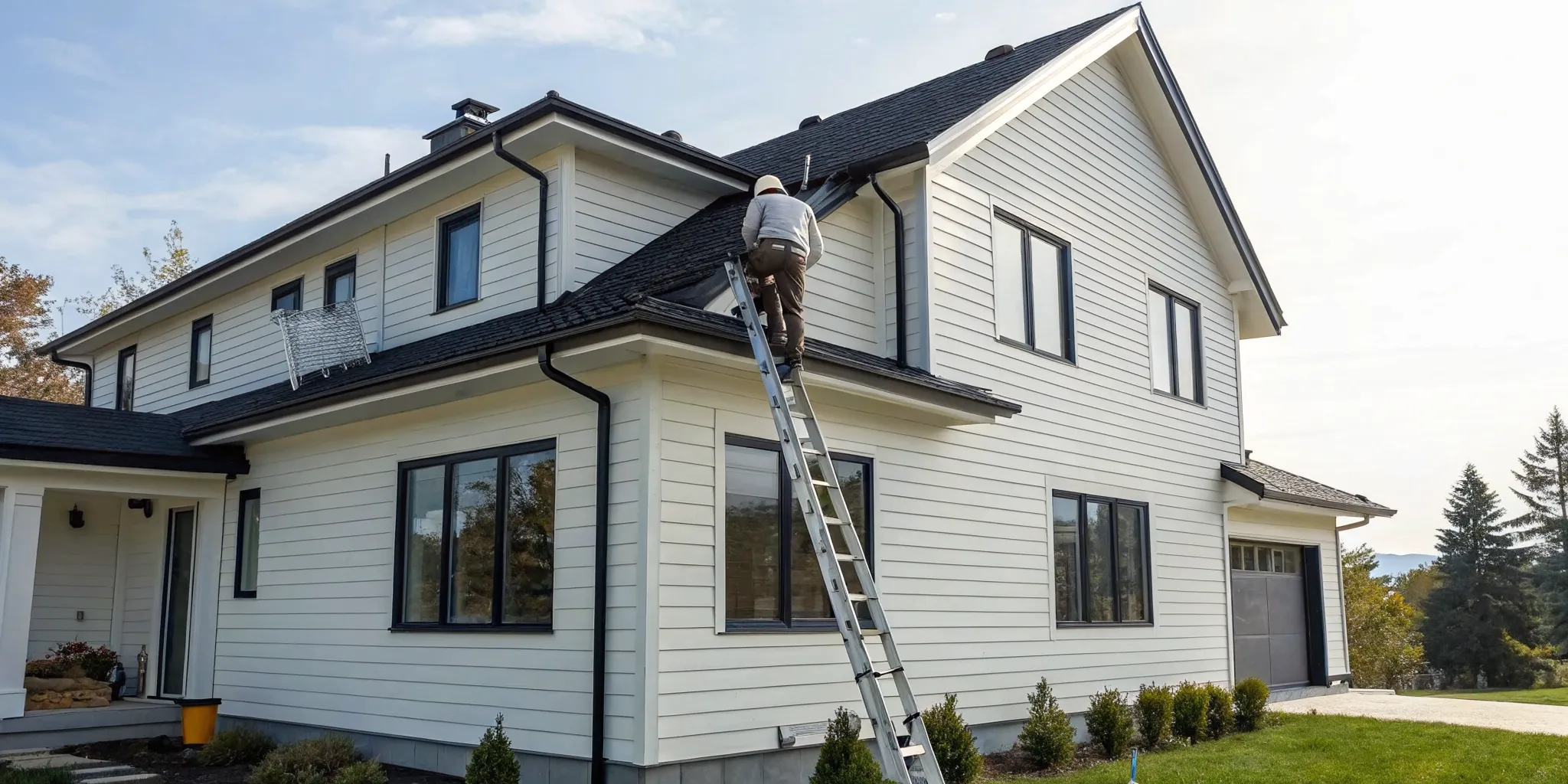 Gutter replacement cost includes professional labor, with a worker installing new gutters on a ladder.