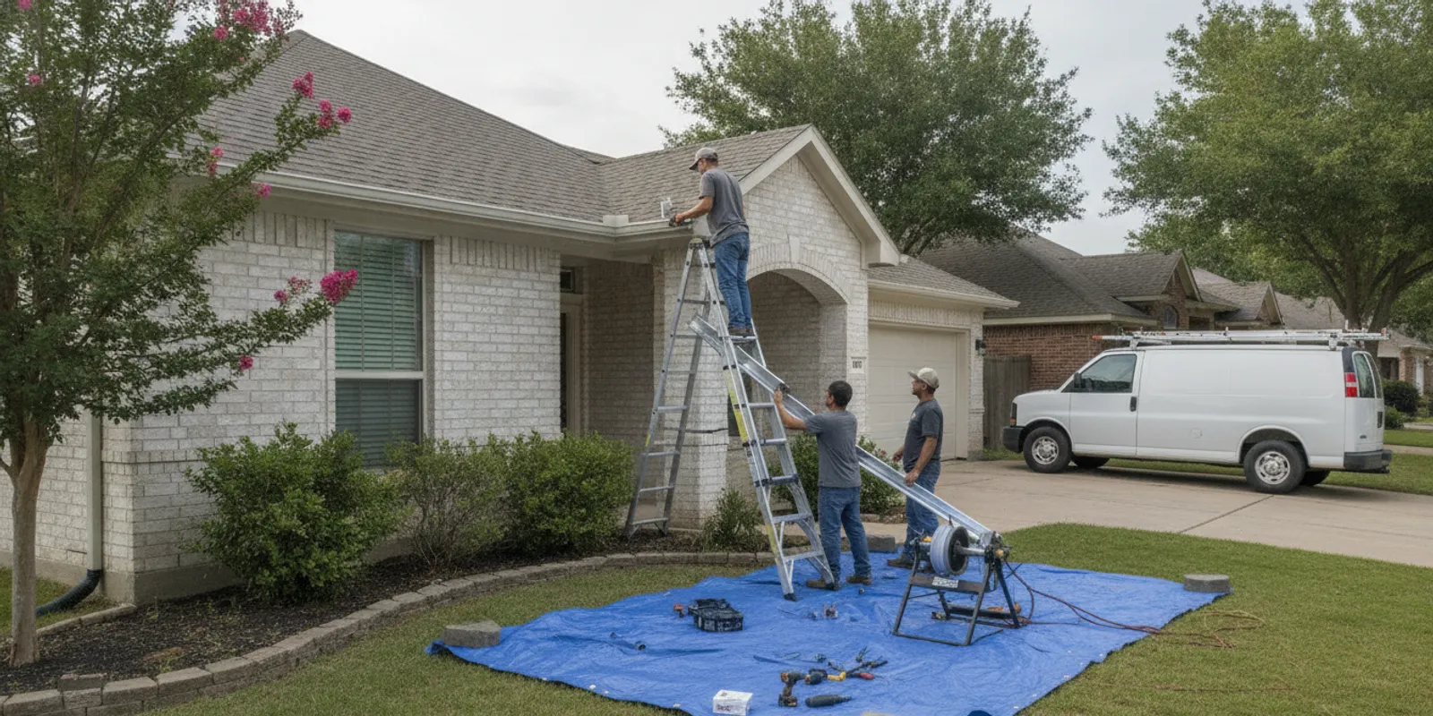 Crew installing a seamless gutter along the roofline of a Texas home