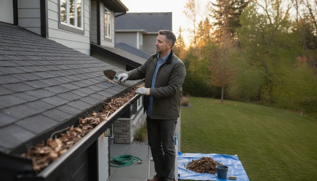 A homeowner cleans clogged gutters, a task that should be done often to prevent costly damage.