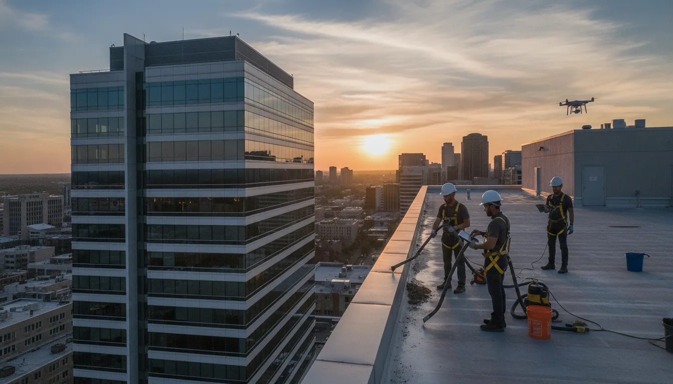 Commercial gutter maintenance crew cleaning rooftop gutters with safety gear.