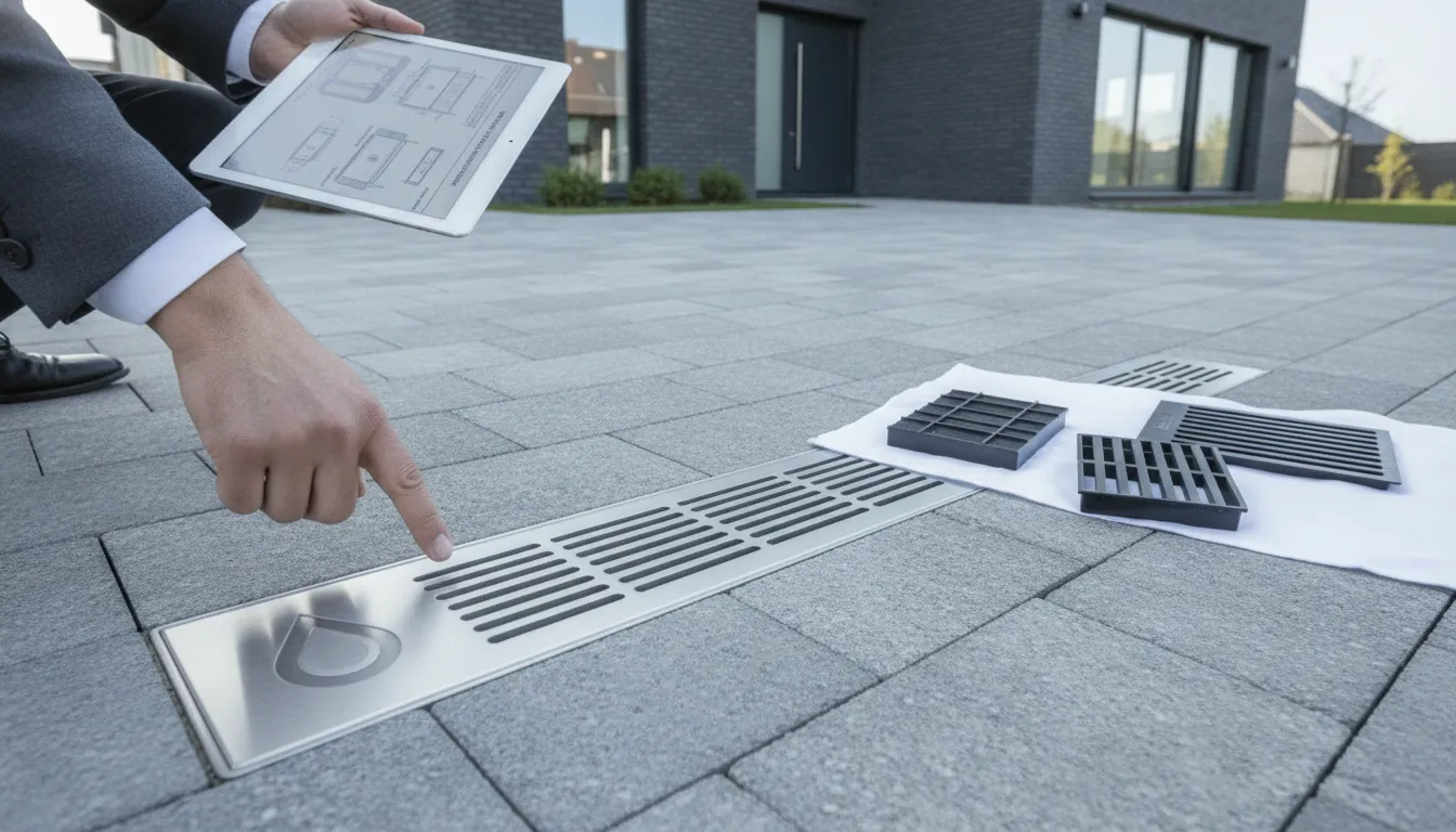 Channel drain for driveway with metal grate installed in a paver surface.