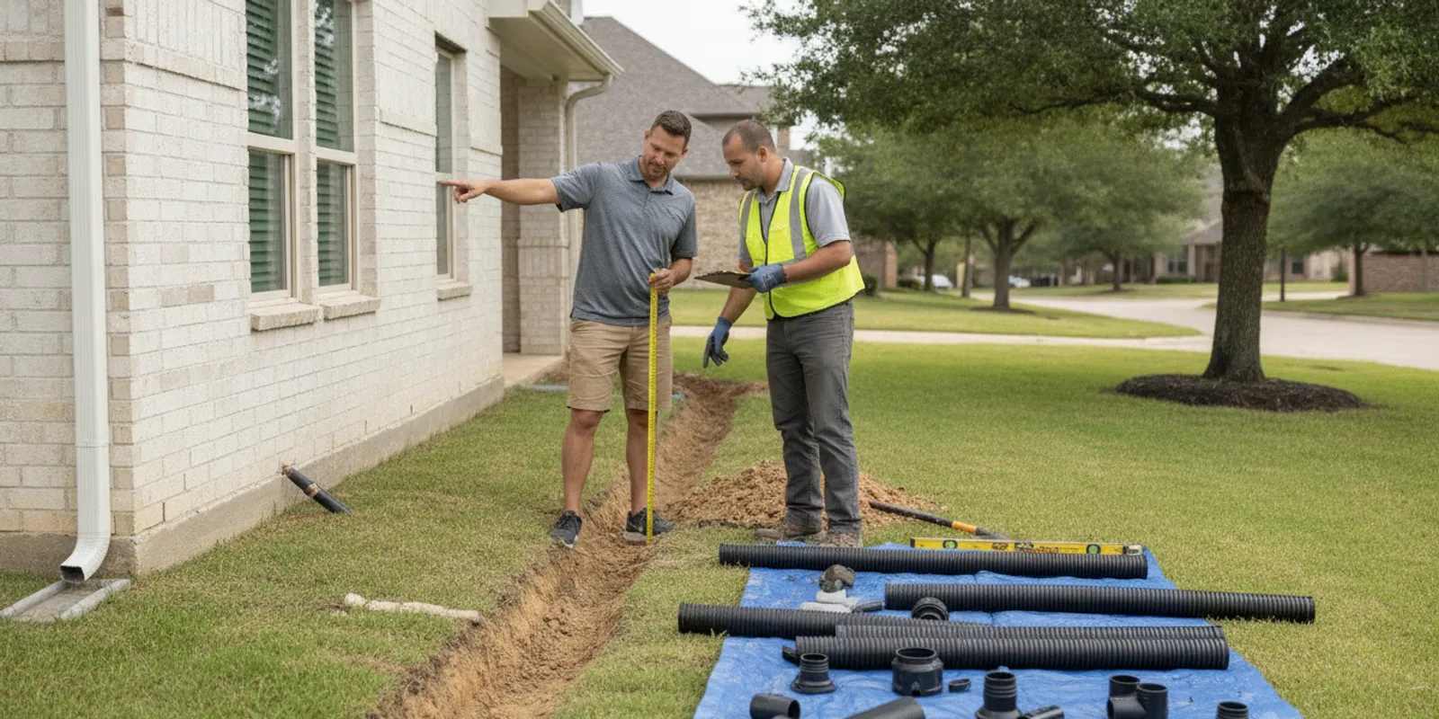 Underground downspout drainage pipe being installed beside a Texas home