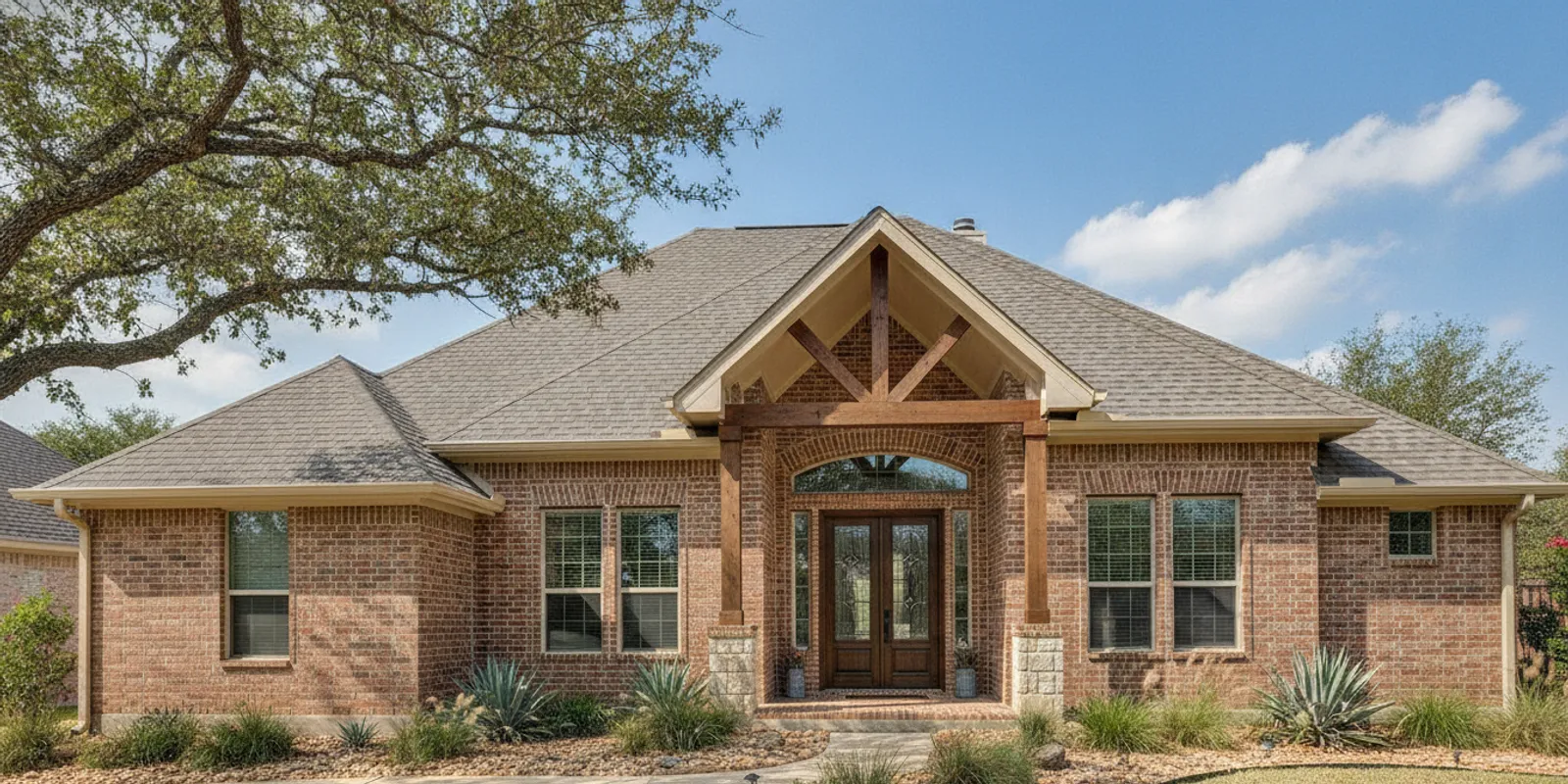 K-style gutters along the roofline of a brick home, coordinated with the trim