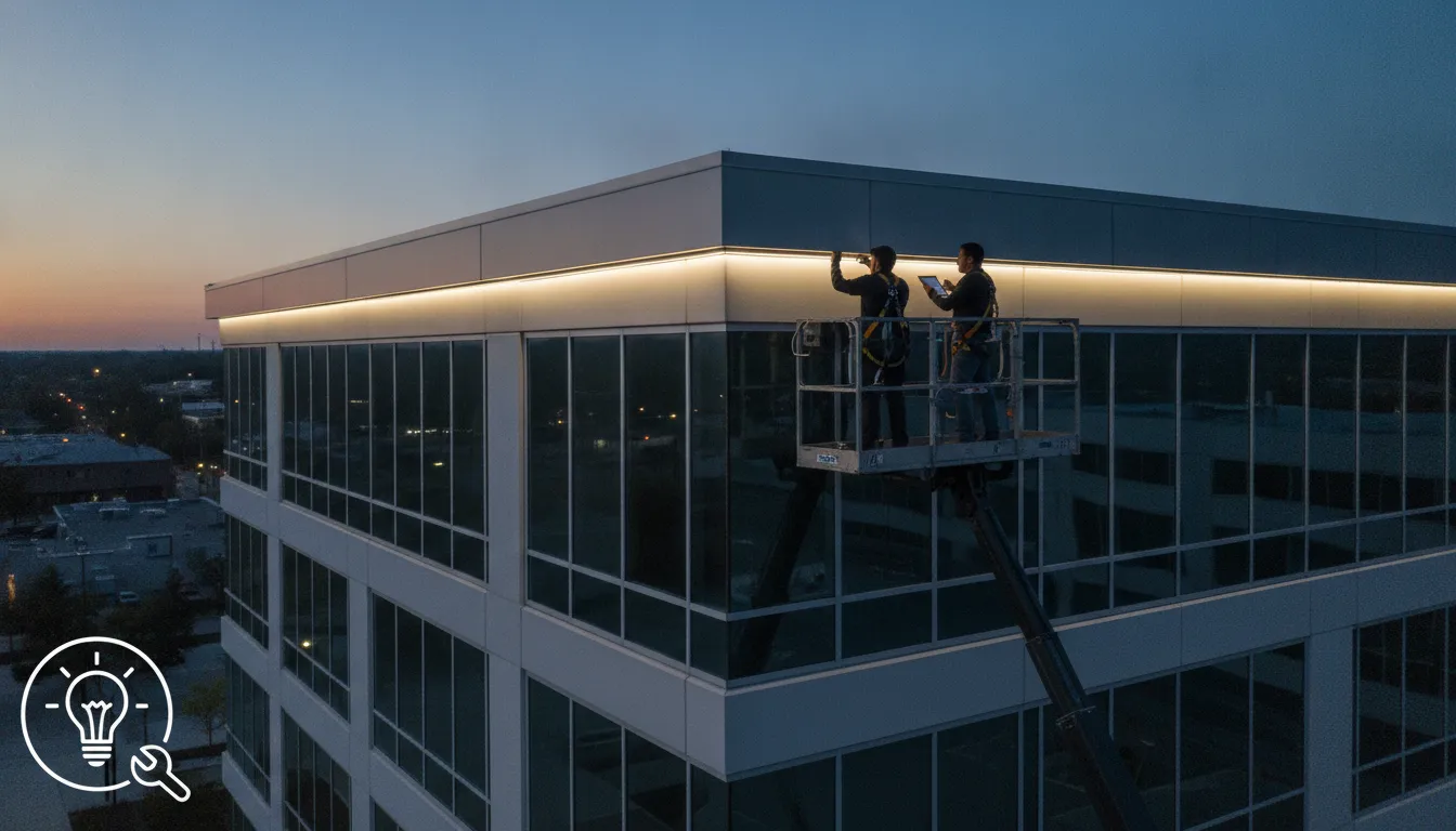 Workers on a lift repair and maintain permanent roofline lighting on a commercial building.
