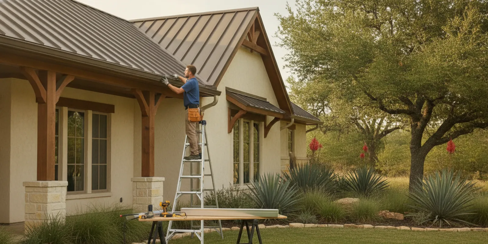 A home roofline with a continuous seamless gutter alongside a section of sectional gutter for comparison