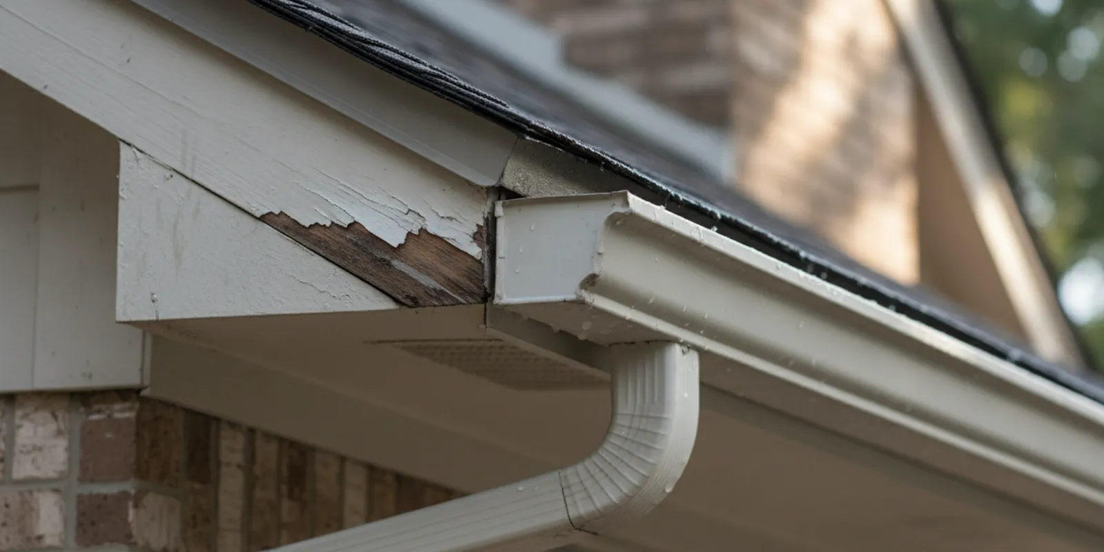 Close view of a home's eave showing weathered fascia and soffit beside a seamless gutter
