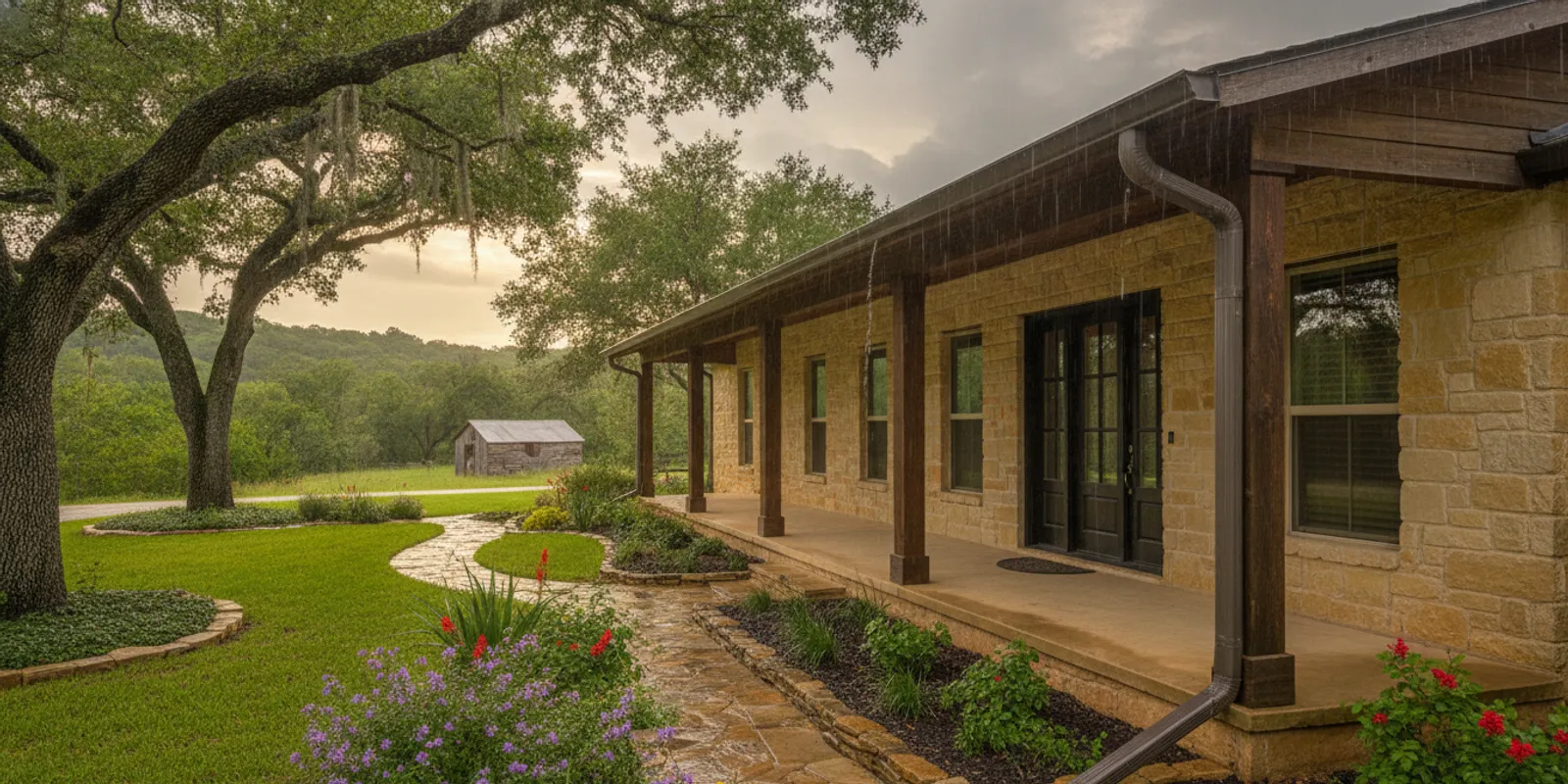 Clean gutters and downspout directing rainwater away from a Texas home