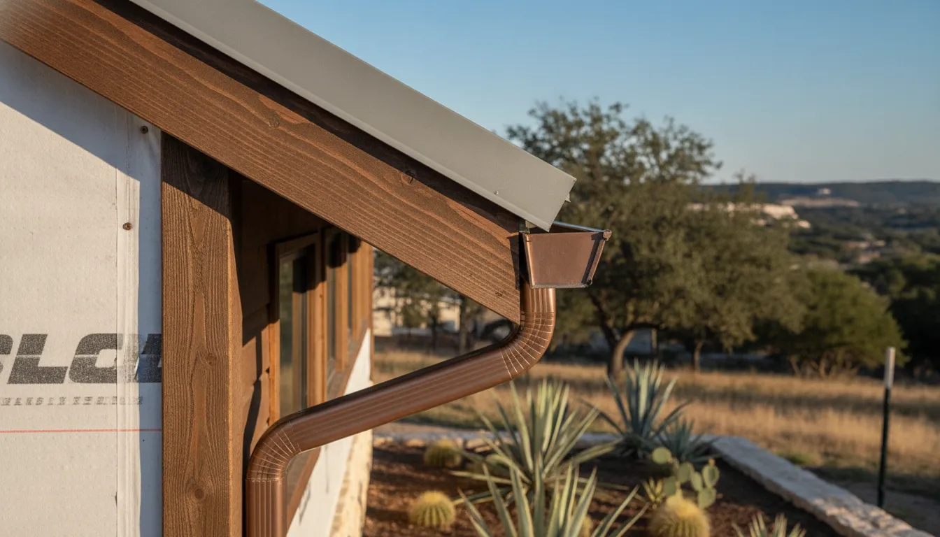 Wood fascia board with an attached gutter along a Central Texas home's roof edge.