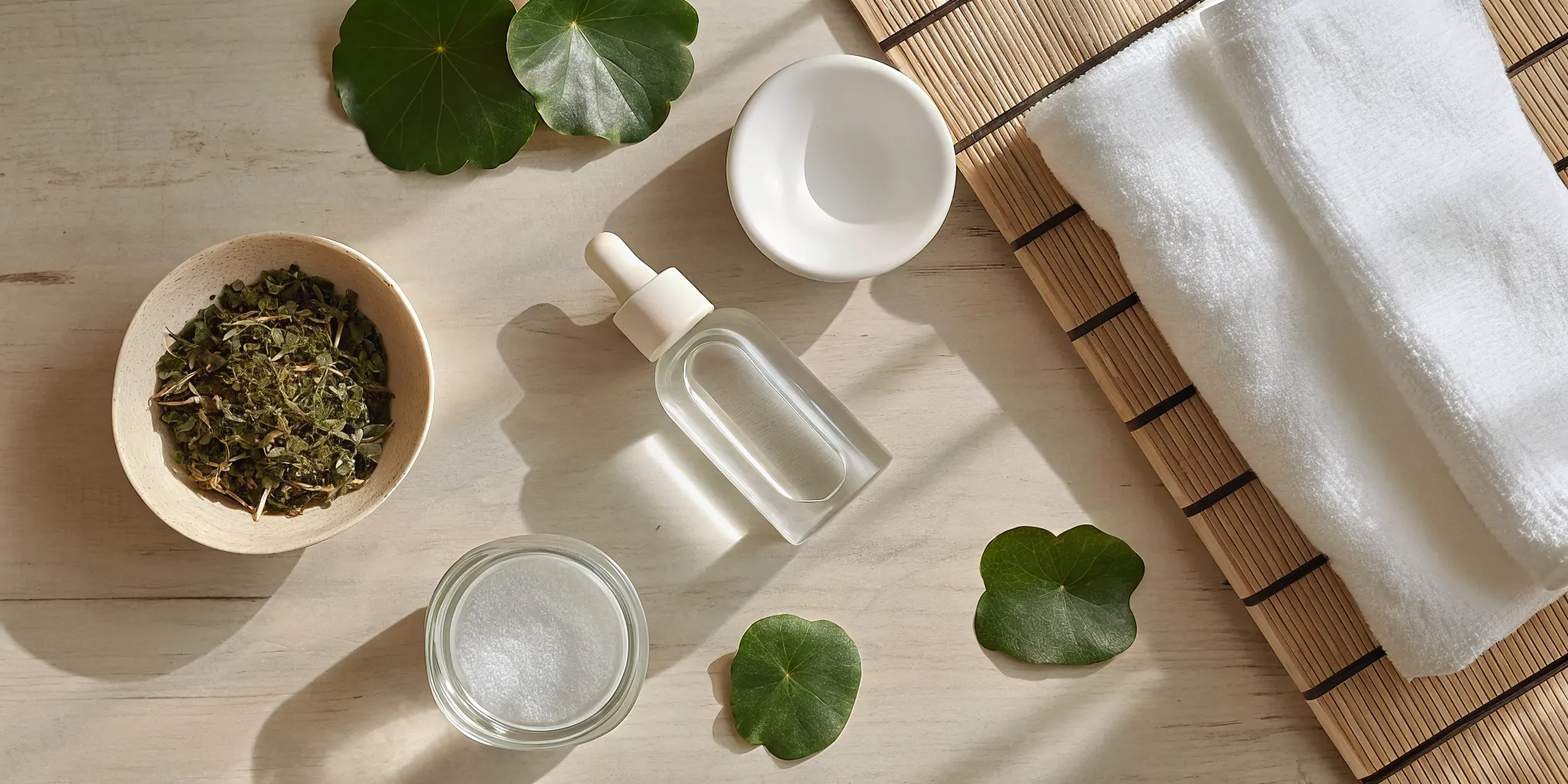 Flat lay of vegan K-beauty skincare products with green tea leaves, centella asiatica, and a glass bottle on a wooden surface