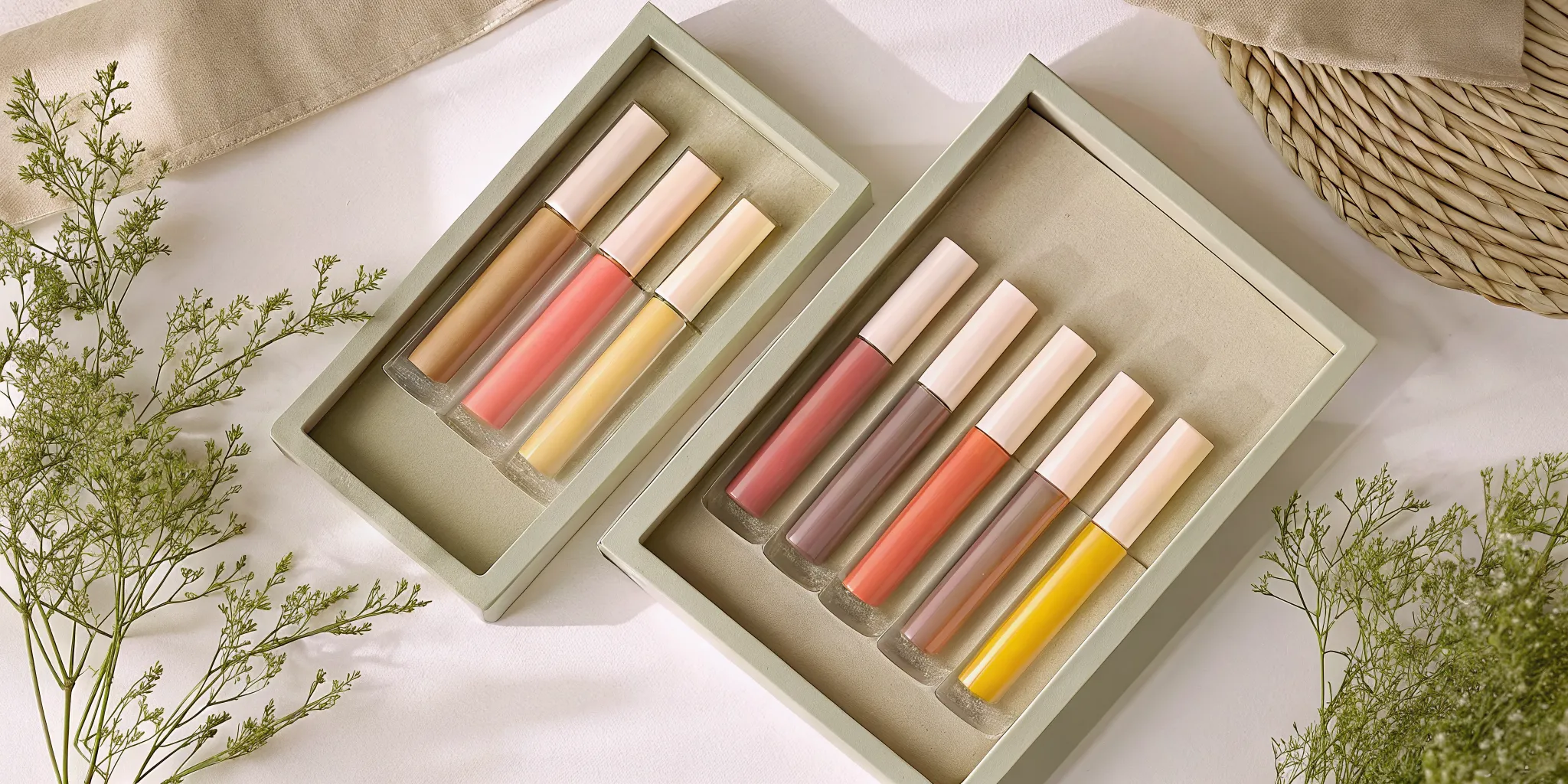 Flat lay of nooni vegan lip oil gift set with colorful tubes on pink surface