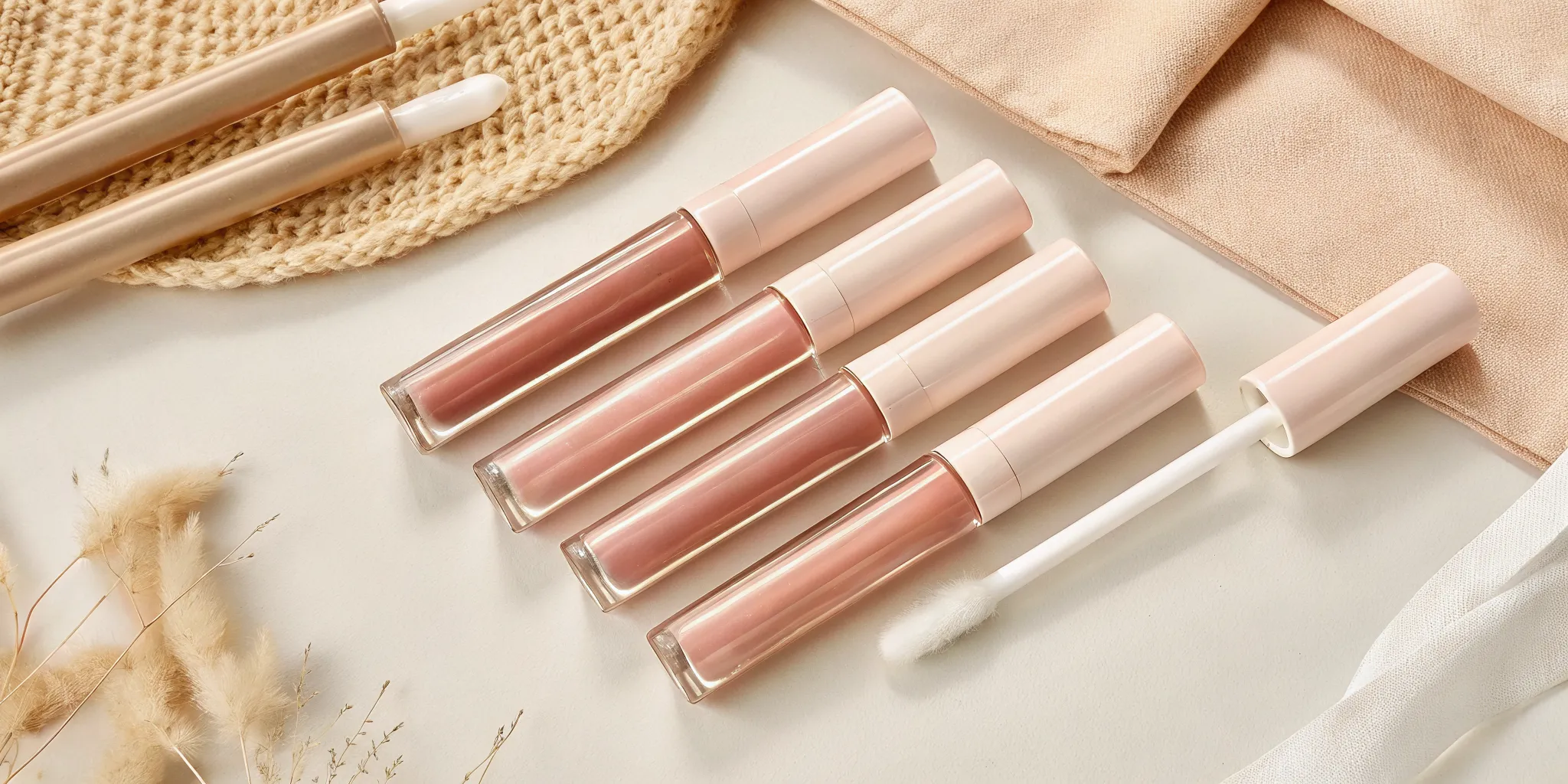 Flat lay of glossy pink lip oil tubes with applicators on a soft pastel surface