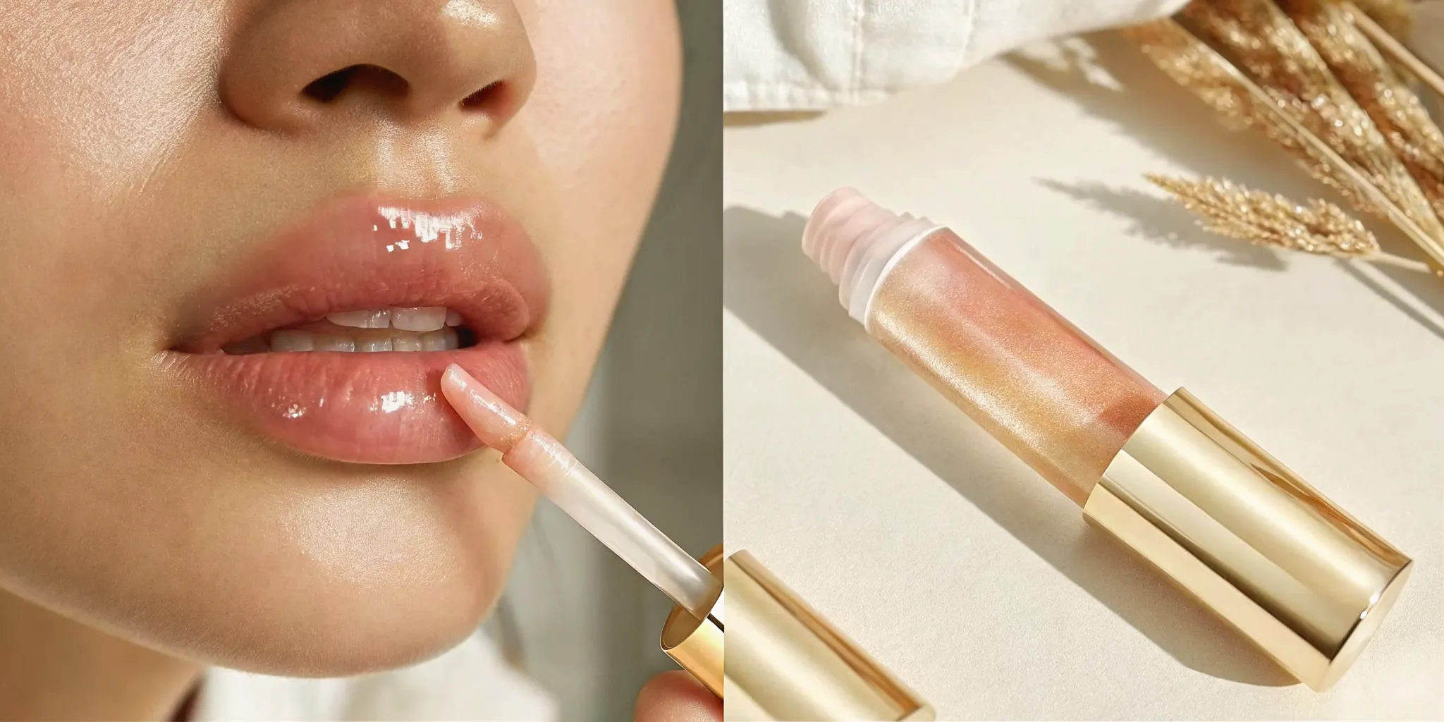 Close-up application of sheer pink lip oil with doe-foot wand for a glossy finish