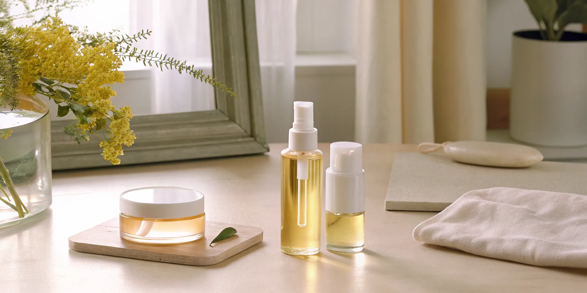 nooni K-beauty skincare starter set with cleansing oil and glow products on cream surface