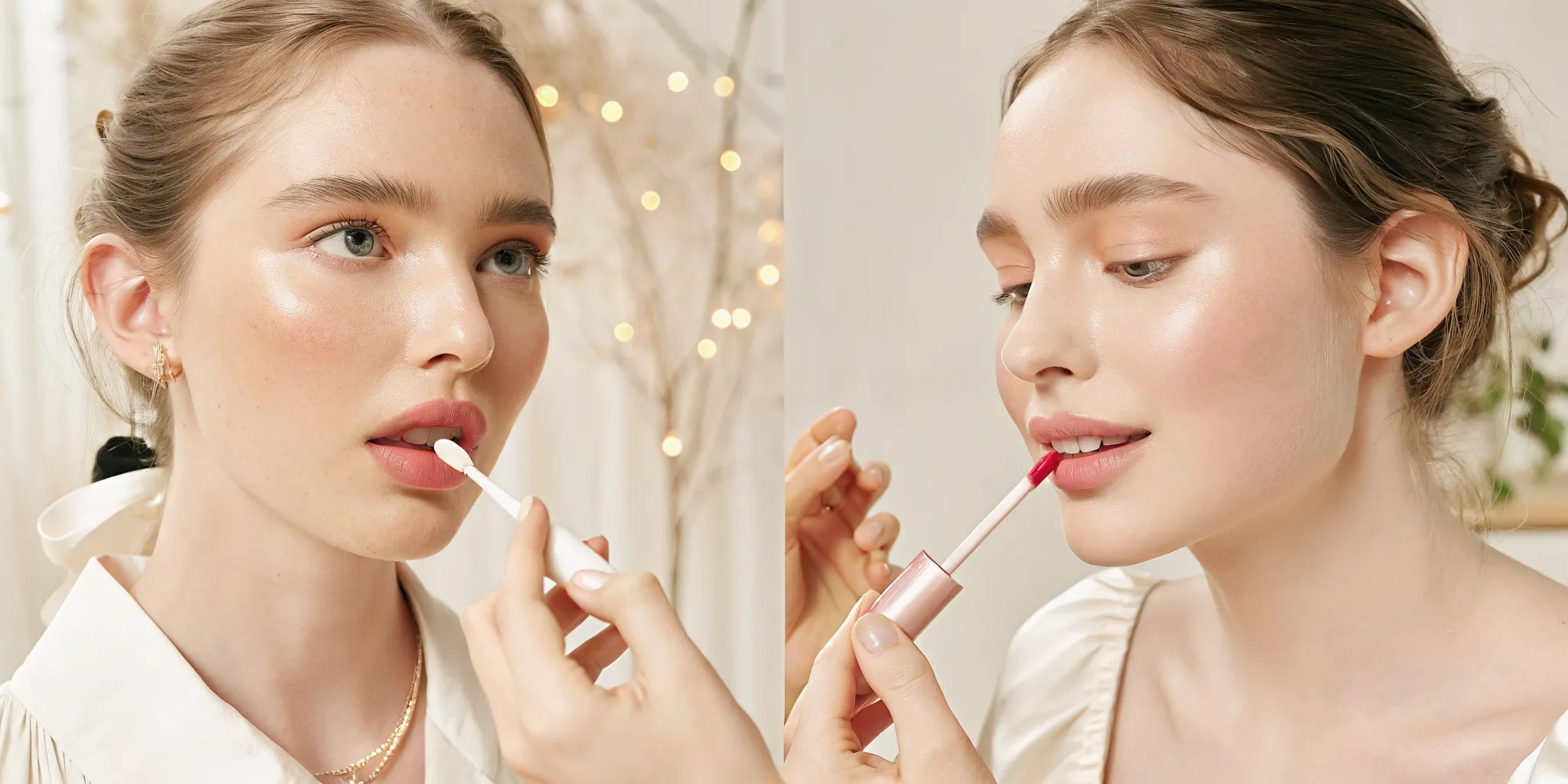 Lip oil and lip gloss layered for a glossy K-beauty lip look