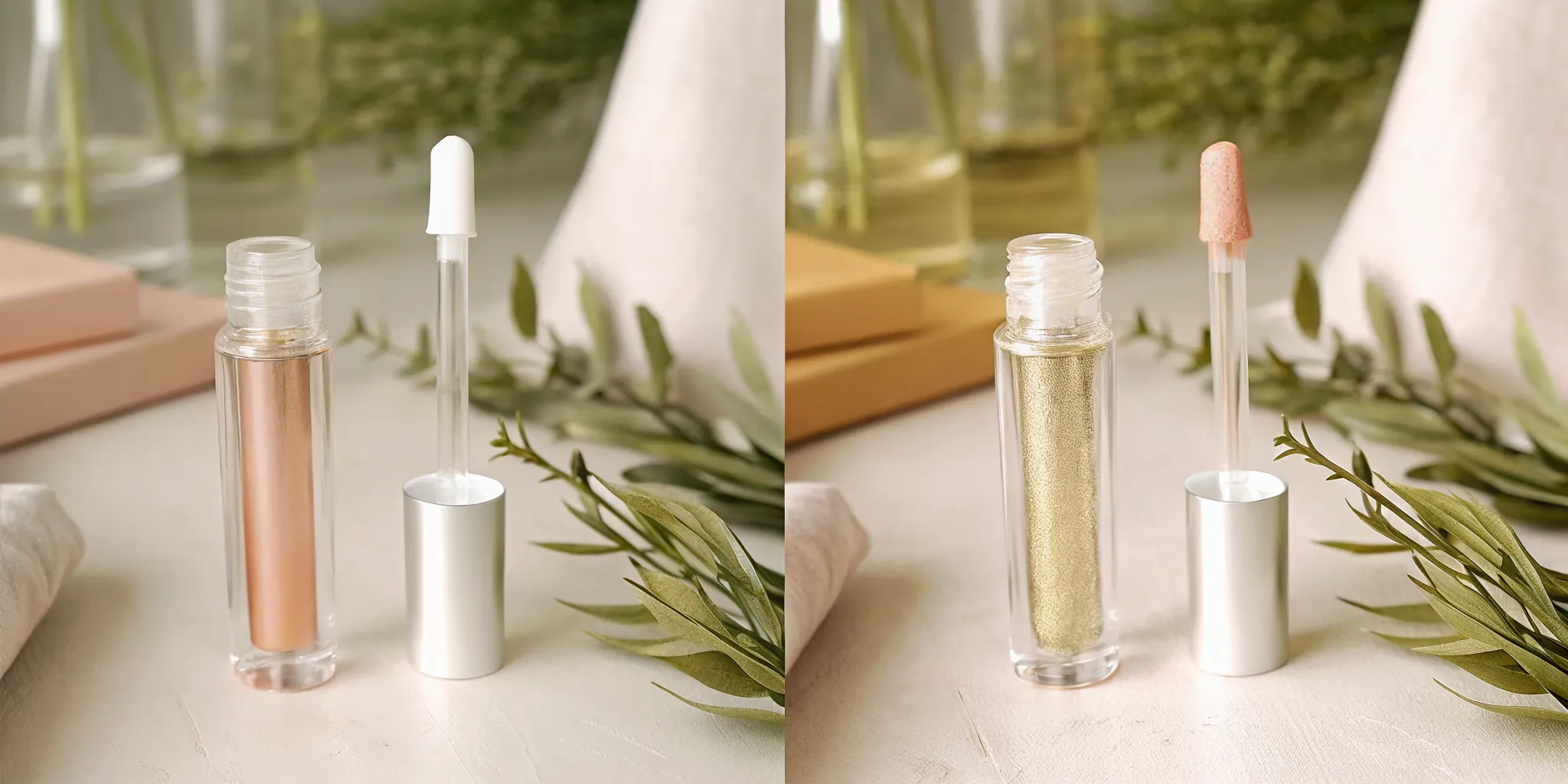 Lip oil and lip gloss applicators shown side by side for comparison