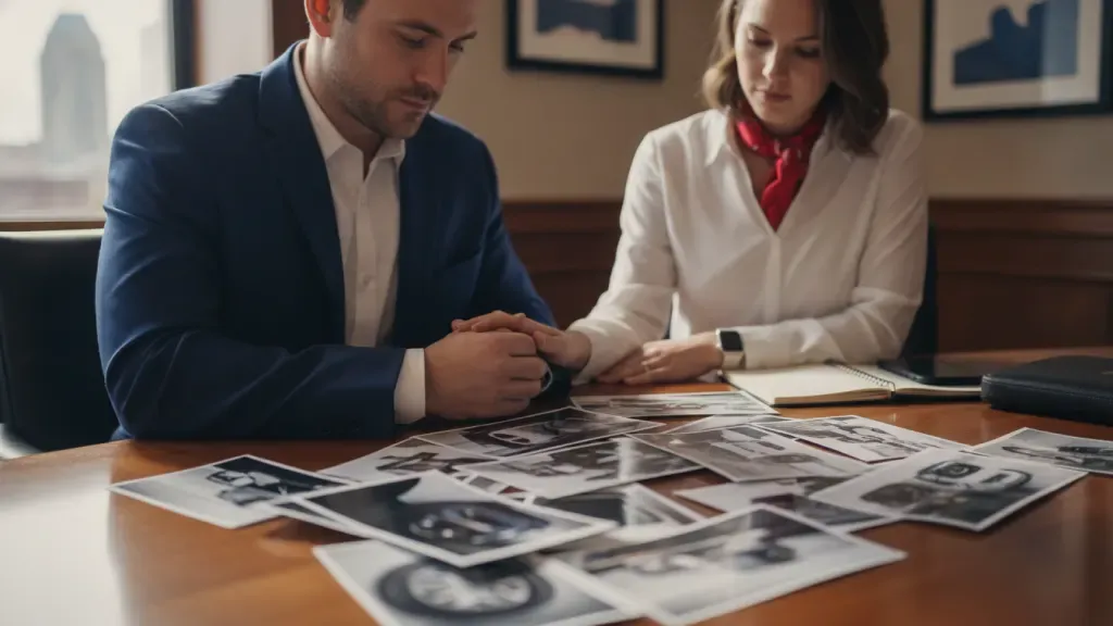Attorney and crash survivor reviewing evidence for a Kentucky car accident lawsuit