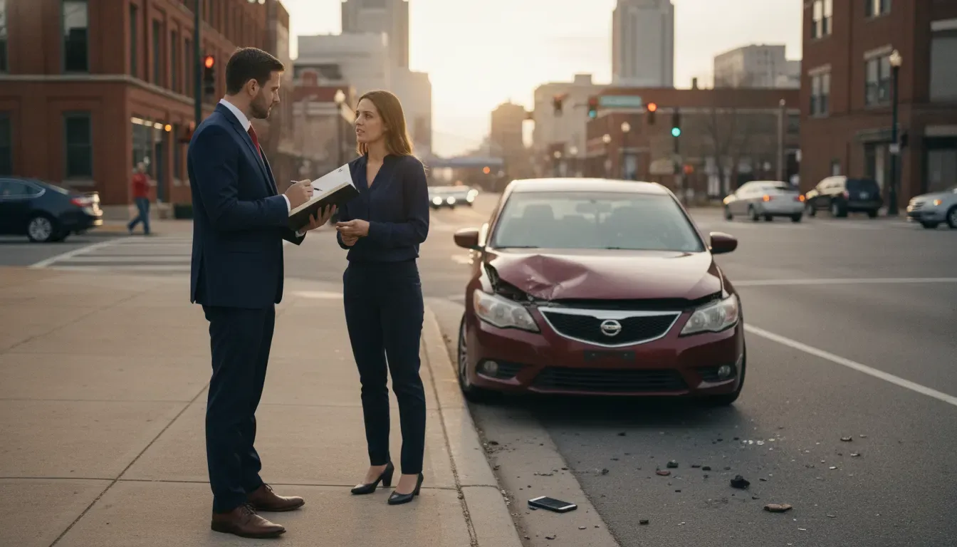 Attorney and client discussing evidence beside a damaged car after a Louisville collision
