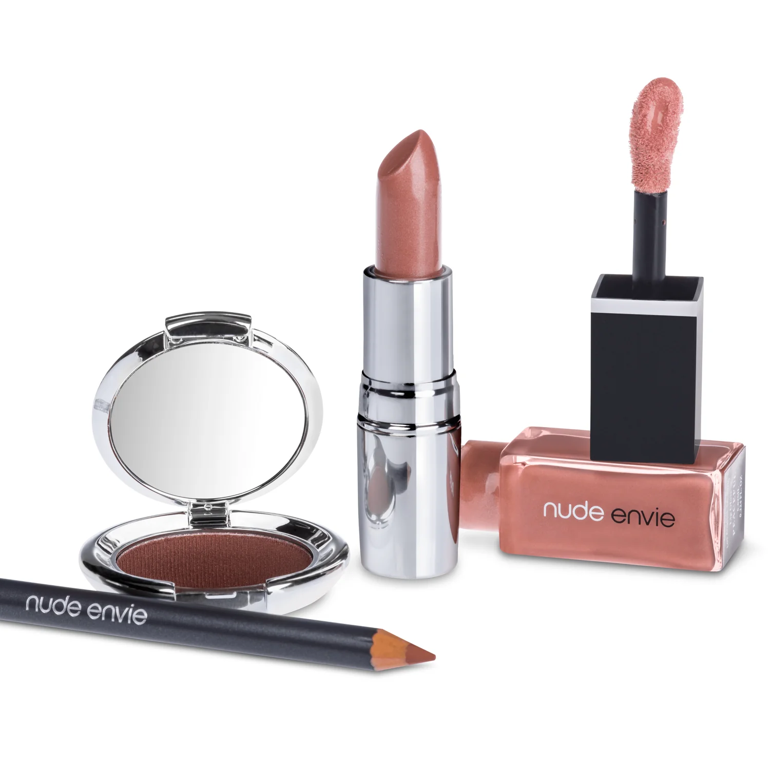 Nude Envie eye shadow with coordinated lipstick, lip liner, and gloss for a soft nude makeup look