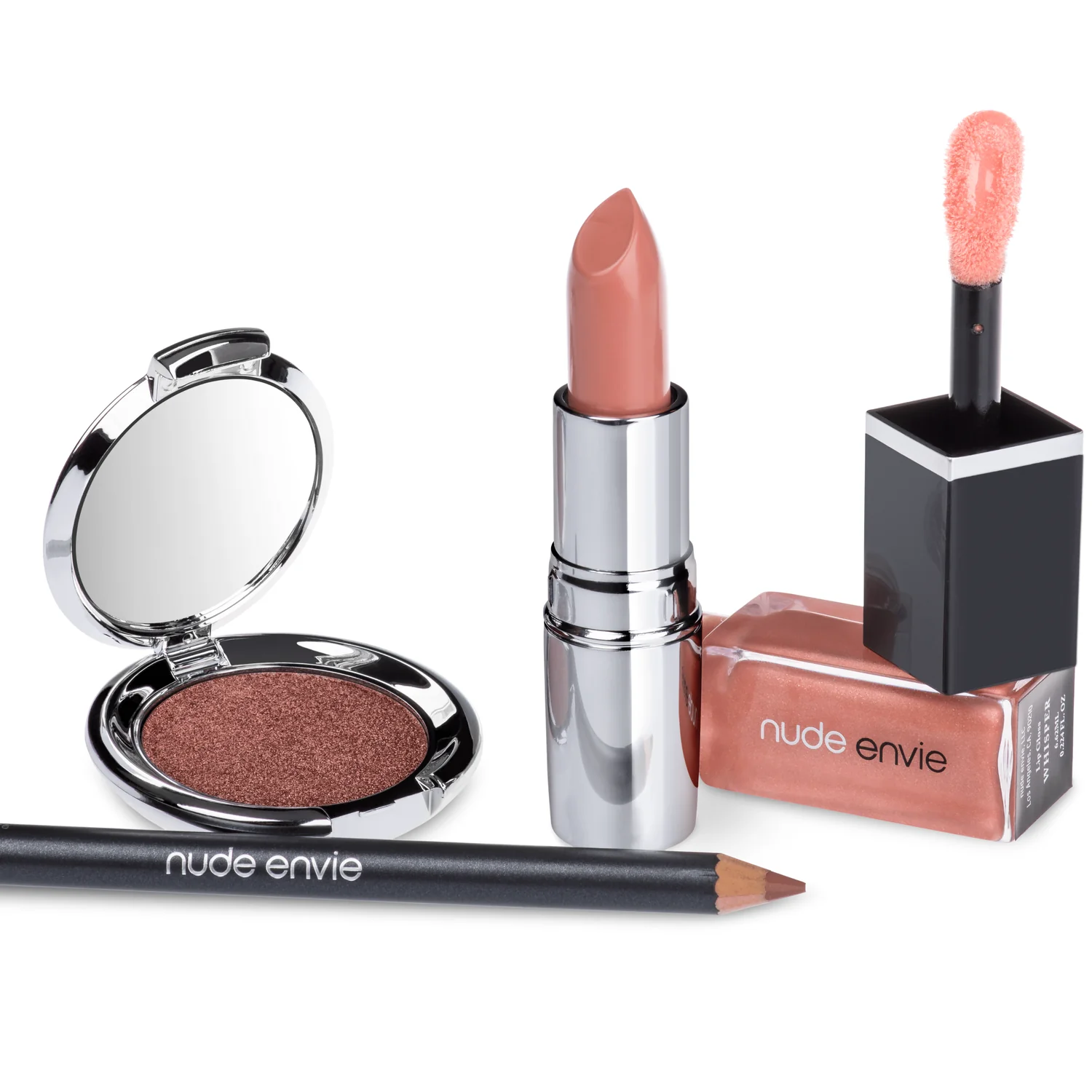 Nude Envie vegan lip collection featuring Bewitch eyeshadow and Whisper lip gloss in coordinated neutral shades