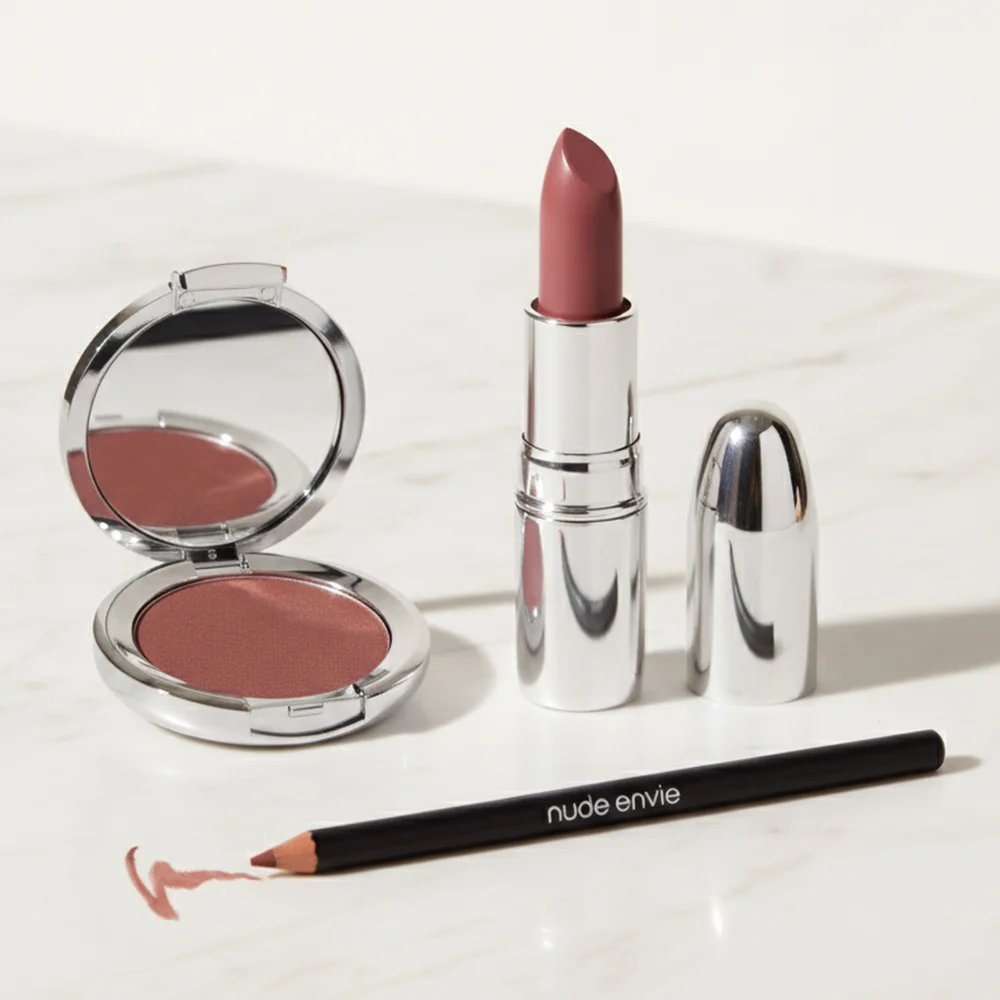Nude Envie vegan makeup bundle featuring coordinated lip and eye products in warm nude tones